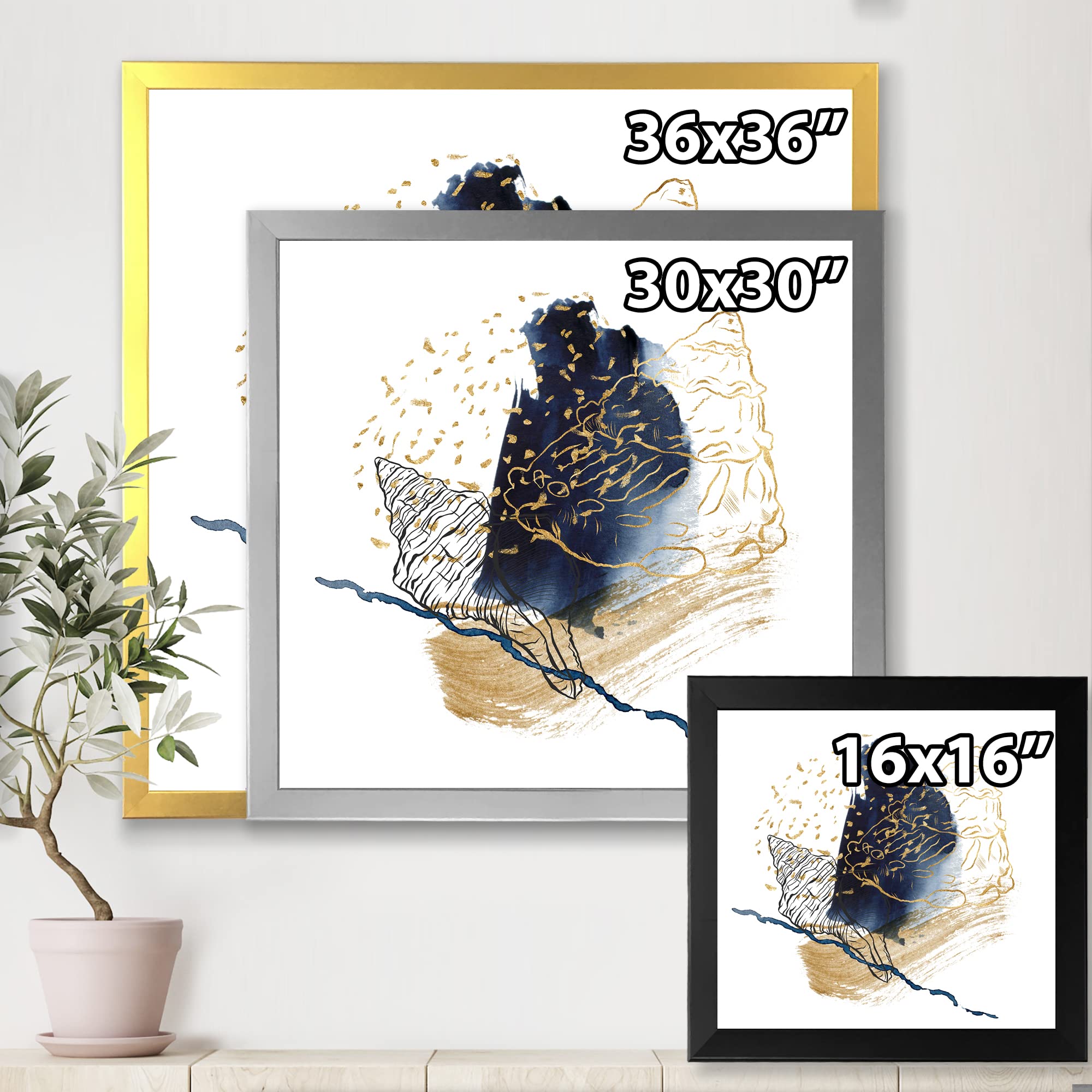 DesignQ Gold Shell Line Art with Underwater Marine Life - Farmhouse Coastal Decor Framed Wall Art for Living Room, Bedroom & Beach House
