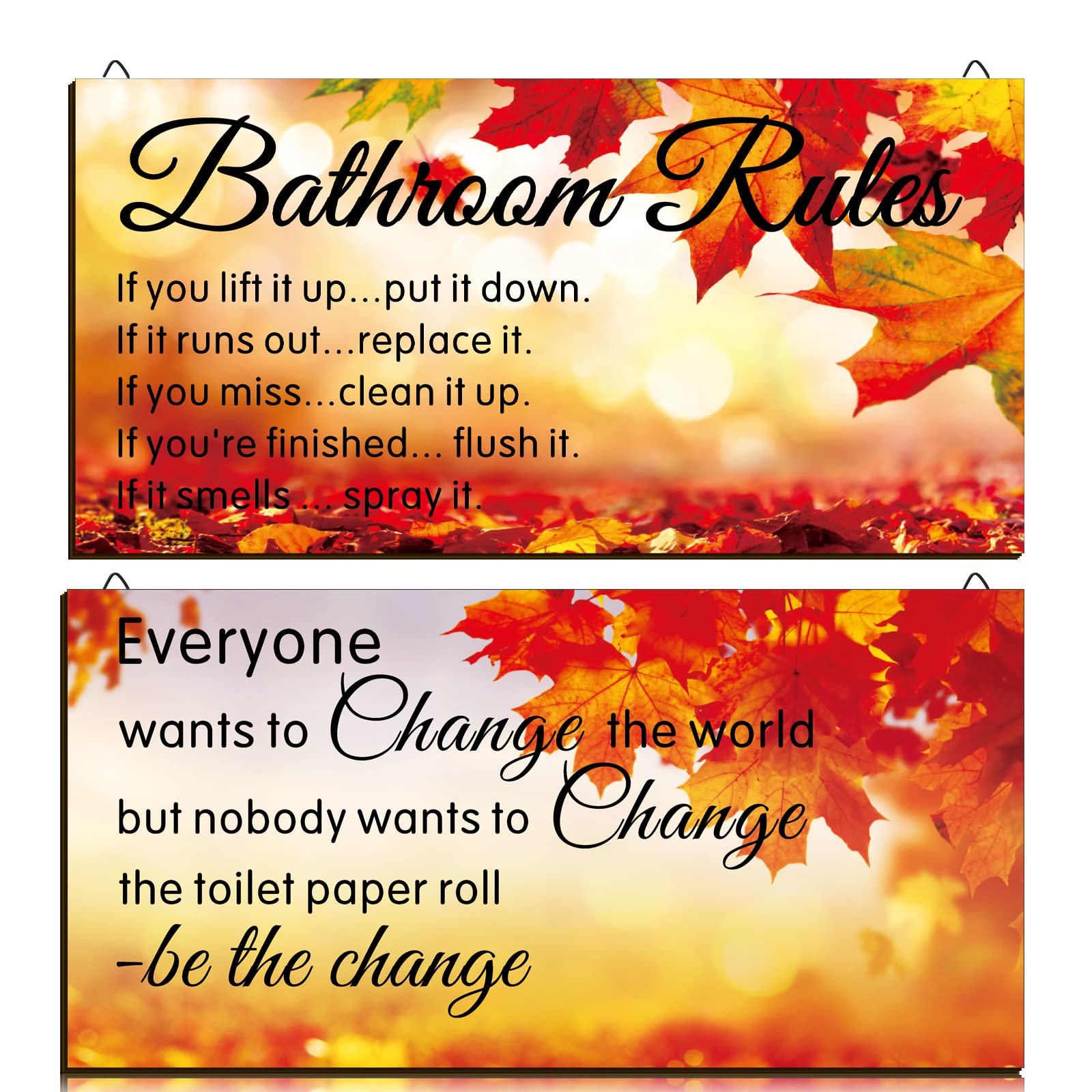 YLOLUL 2-Piece Fall Maple Leaf Bathroom Wall Decor - Rustic Wooden Orange Wall Art with Funny Rules for Kids & Girls - Perfect for Autumn Home Decor, Kids' Room & Farmhouse Bathroom Accessories