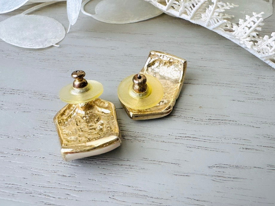 Vintage 1980s Post Earrings - Cream Enamel Gold Chevron Shield Pierced Earrings for Women | Retro Fashion Jewelry Gift for Birthday, Party & Special Occasions