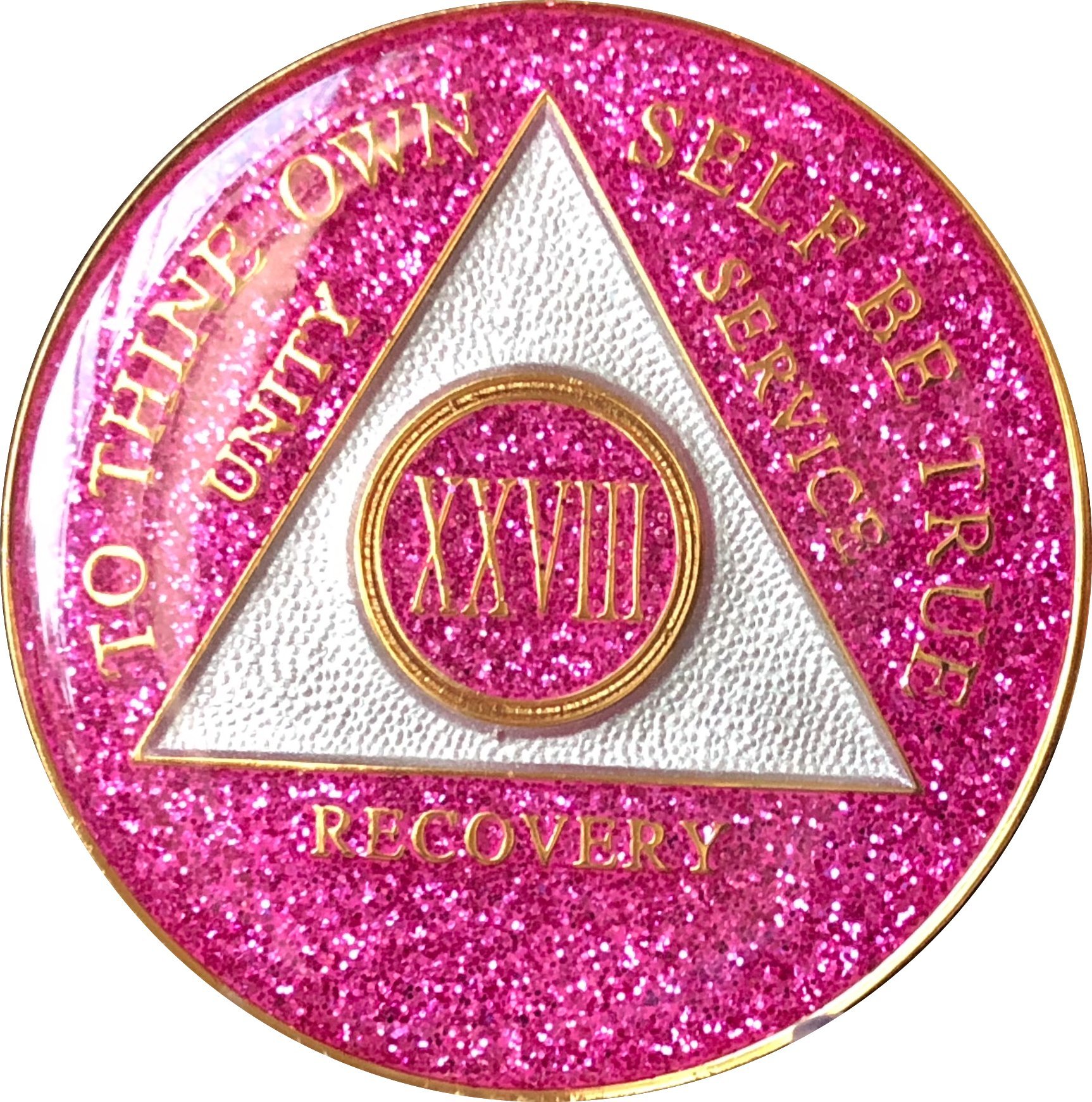28 Year AA Medallion - Glitter Pink Tri-Plate Chip XXVIII Anniversary Gift for Collectors & Alcoholics Anonymous Members | Perfect for Recovery Milestones, Special Occasions & Keepsakes
