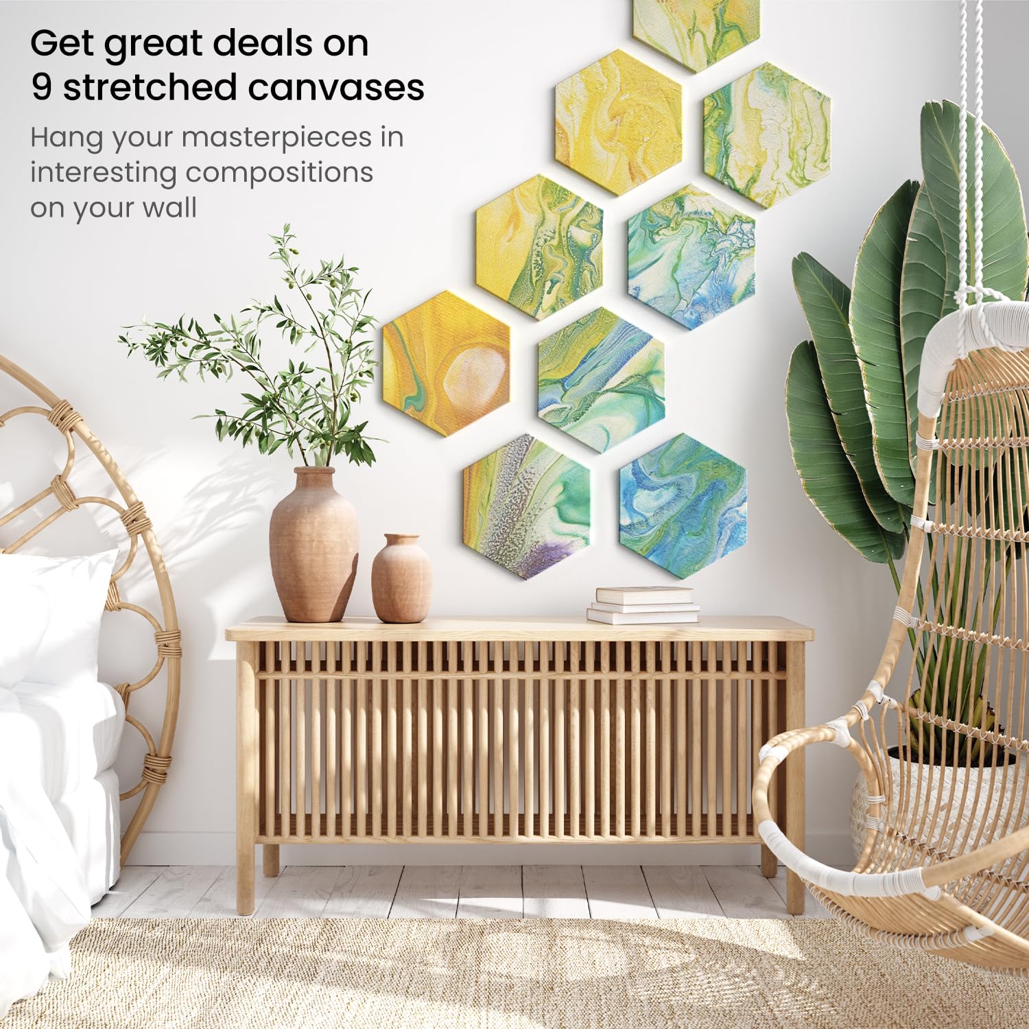 ARTEZA 6 Inch Hexagonal Stretched Canvas - Pack of 9 White Blank Artist Panels for Acrylic, Oil & Gouache Painting - Perfect for Studio Art, Home Decor & DIY Craft Projects