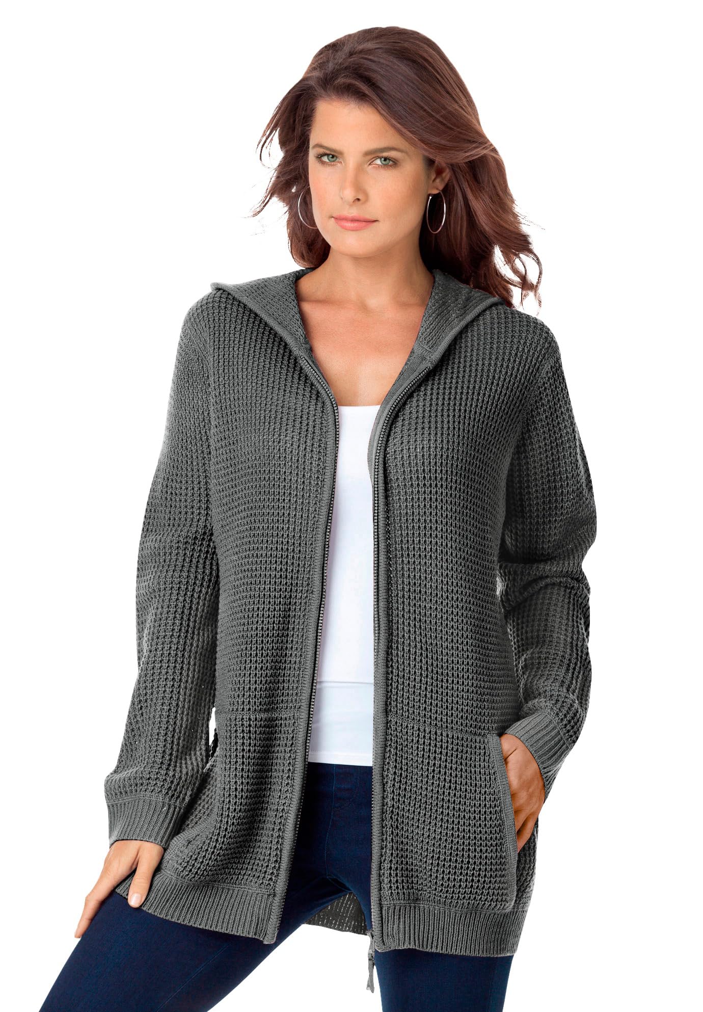 Roaman's Women's Plus Size Thermal Waffle Hoodie Zip Up Cardigan Jacket - Warm Winter Layering for Work, Travel & Outdoor Activities