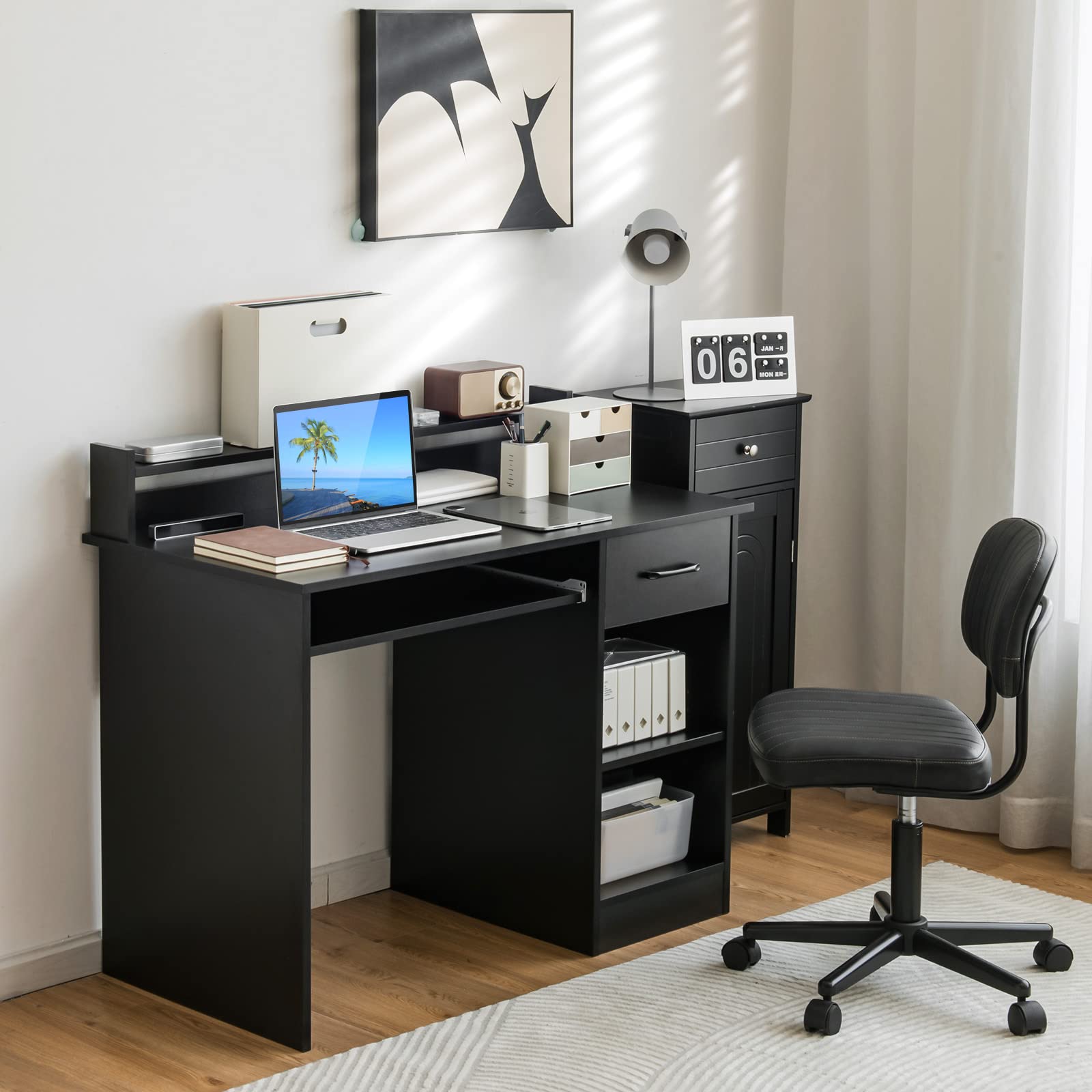 GORELAX Wooden Computer Desk with Hutch - Sturdy PC Gaming Desk with Drawers, Open Shelves, Keyboard Tray & Monitor Stand - Compact Study Desk for Bedroom, Small Home Office & Dorm Room (Black) - Perfect for Gamers, Students & Remote Workers in Small Spaces