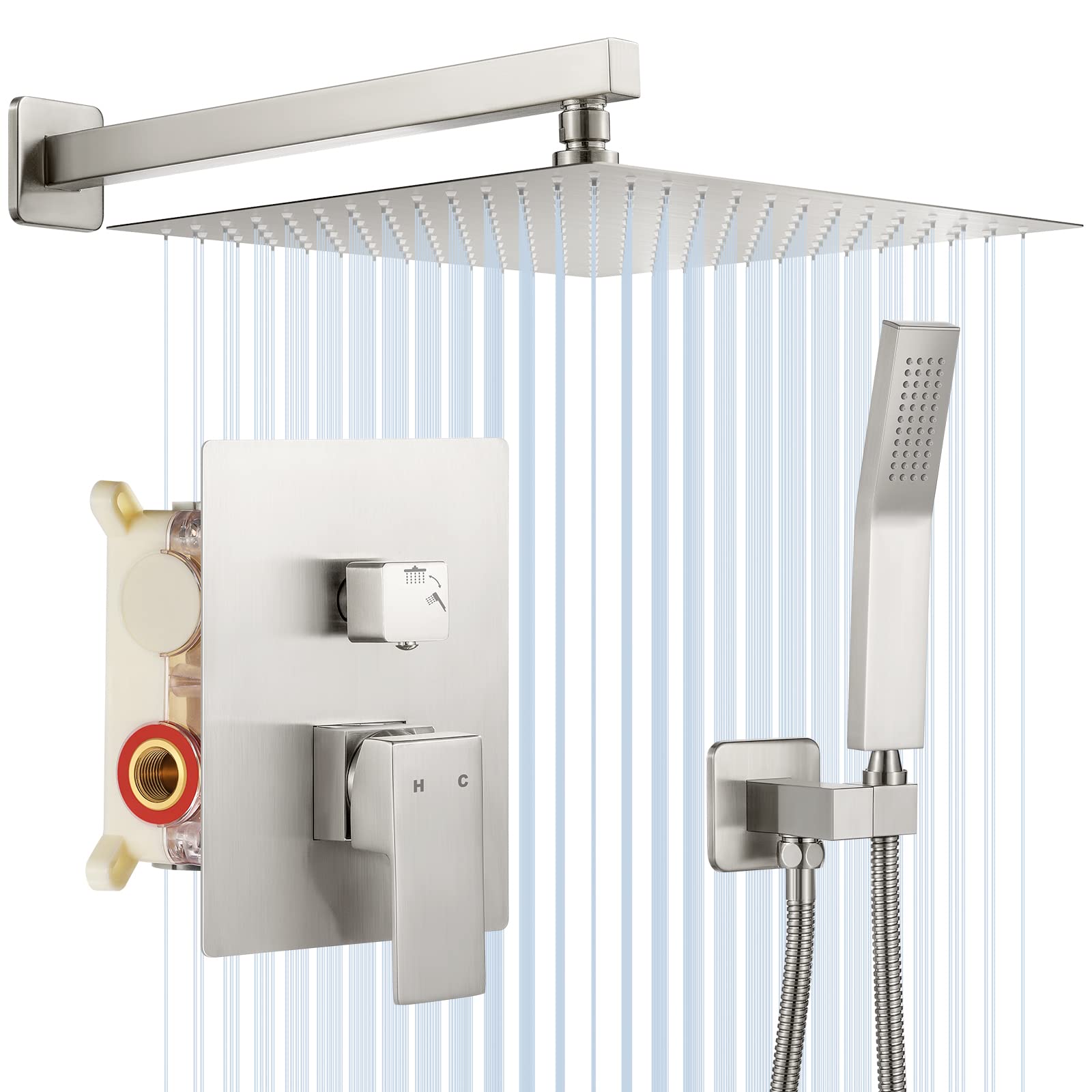 NERDON 12 Inch Brushed Nickel Luxury Rain Shower Head with Handheld Combo - High Pressure Dual Shower System for Bathroom - Wall Mounted Shower Faucet Set with Valve Body and Trim - Perfect for Spa-Like Experience at Home