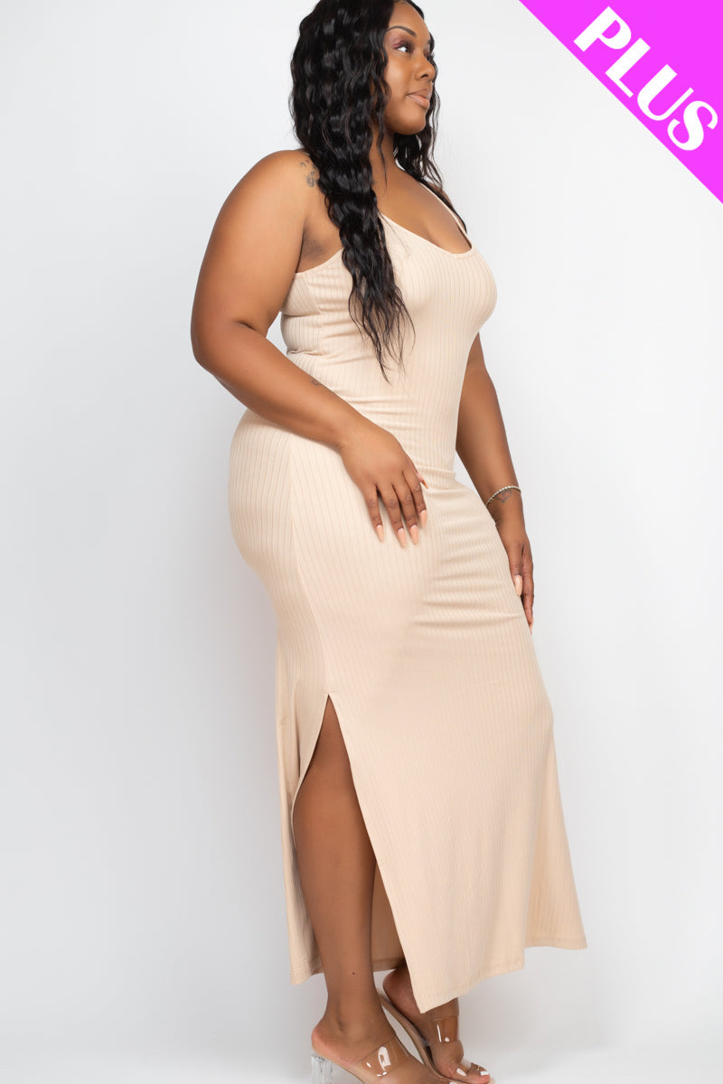 Plus Size Ribbed Side Slit Long Cami Dress - CAPELLA | Flattering Women's Summer Casual Bodycon Dress for Beach, Party & Date Night