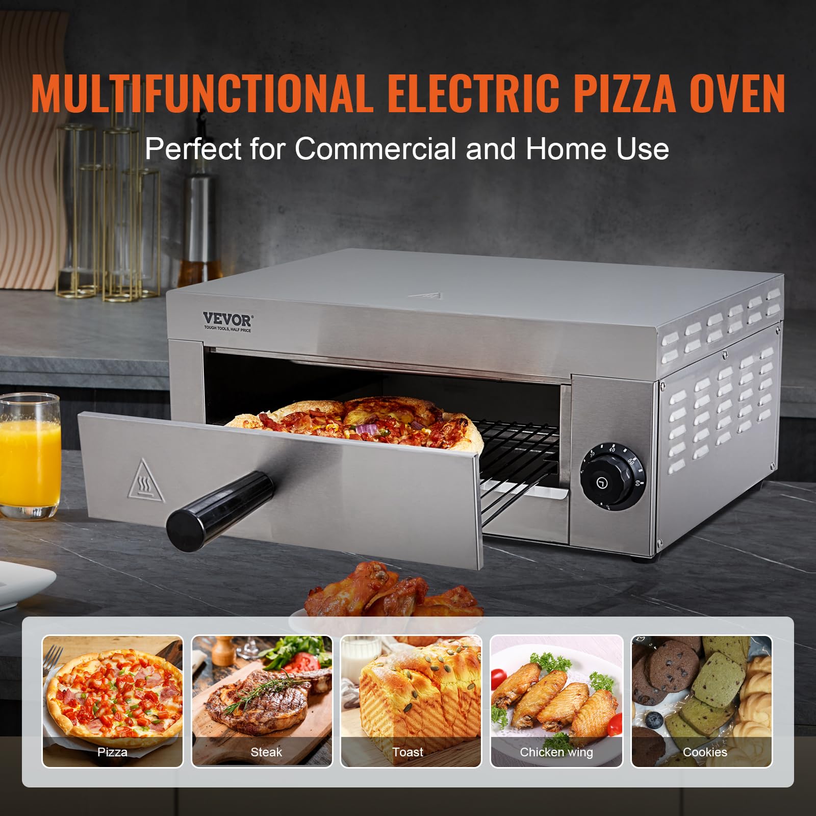 VEVOR 12-inch Electric Countertop Pizza Oven - 1500W Commercial & Home Pizza Maker with Timer, Stainless Steel & Removable Crumb Tray - Perfect for Restaurants, Pizzerias, and Family Pizza Nights - ETL Certified