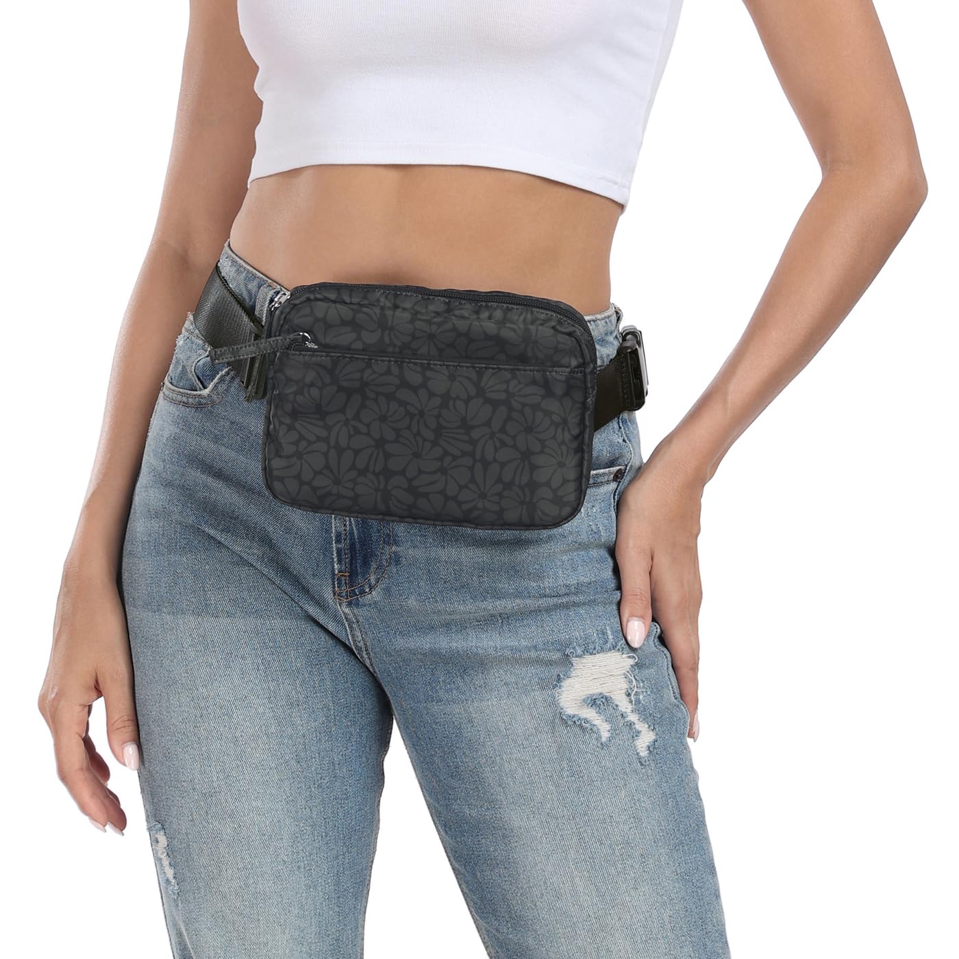 HDE 2L Adjustable Fanny Pack Cross Body Belt Bag for Travel, Running, Hiking - Black Floral Pop Waist Pack | Hands-Free Convenience for Outdoor Activities & Daily Use