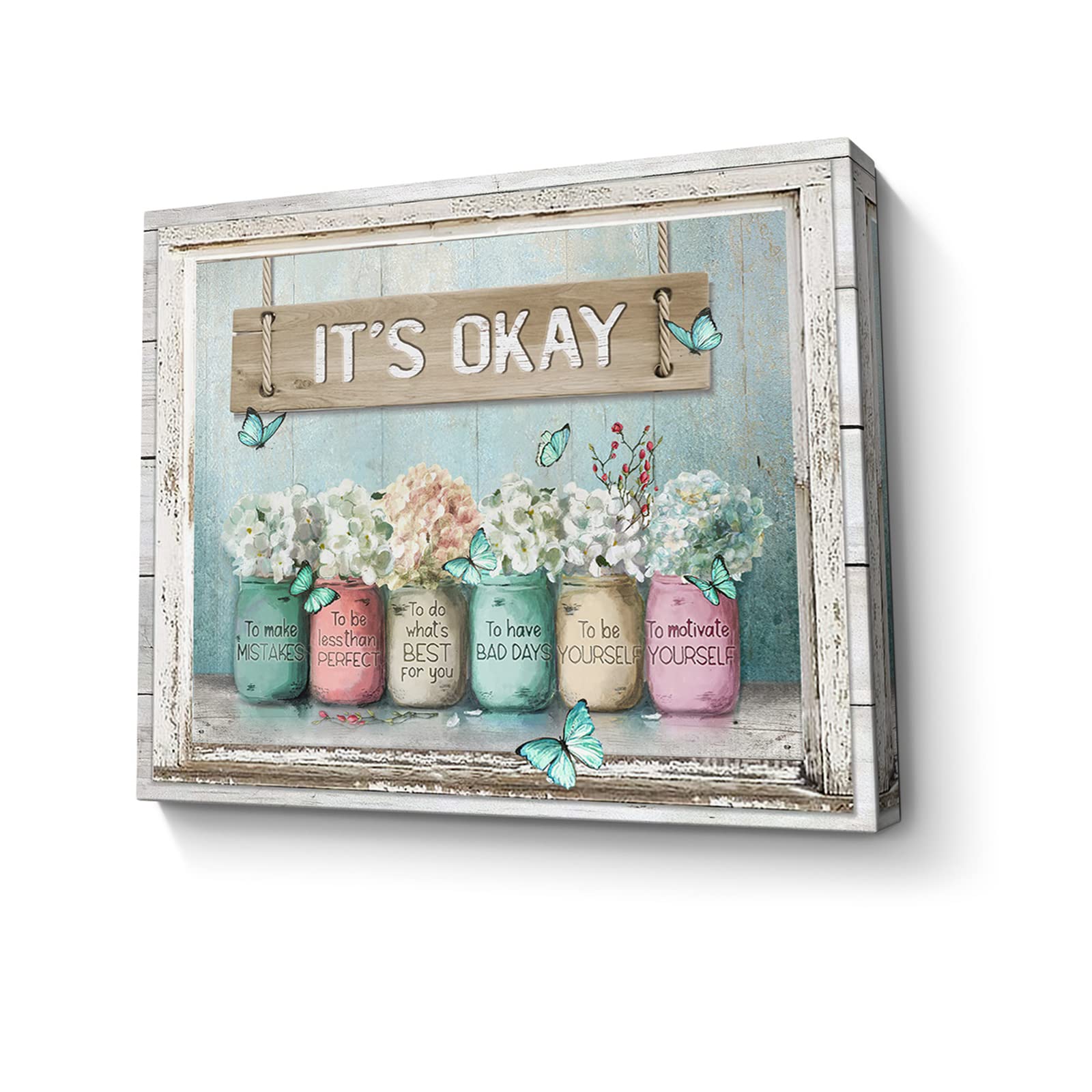 Inspiring Bible Verse Canvas Wall Art - 'It's Okay' Motivational Decor with Mason Jars & Butterflies on Teal Background - Perfect for Bedroom, Bathroom, Office & Home Decor (16x20 Inches) - Great for Stress Relief, Meditation Spaces & Christian Gift Giving
