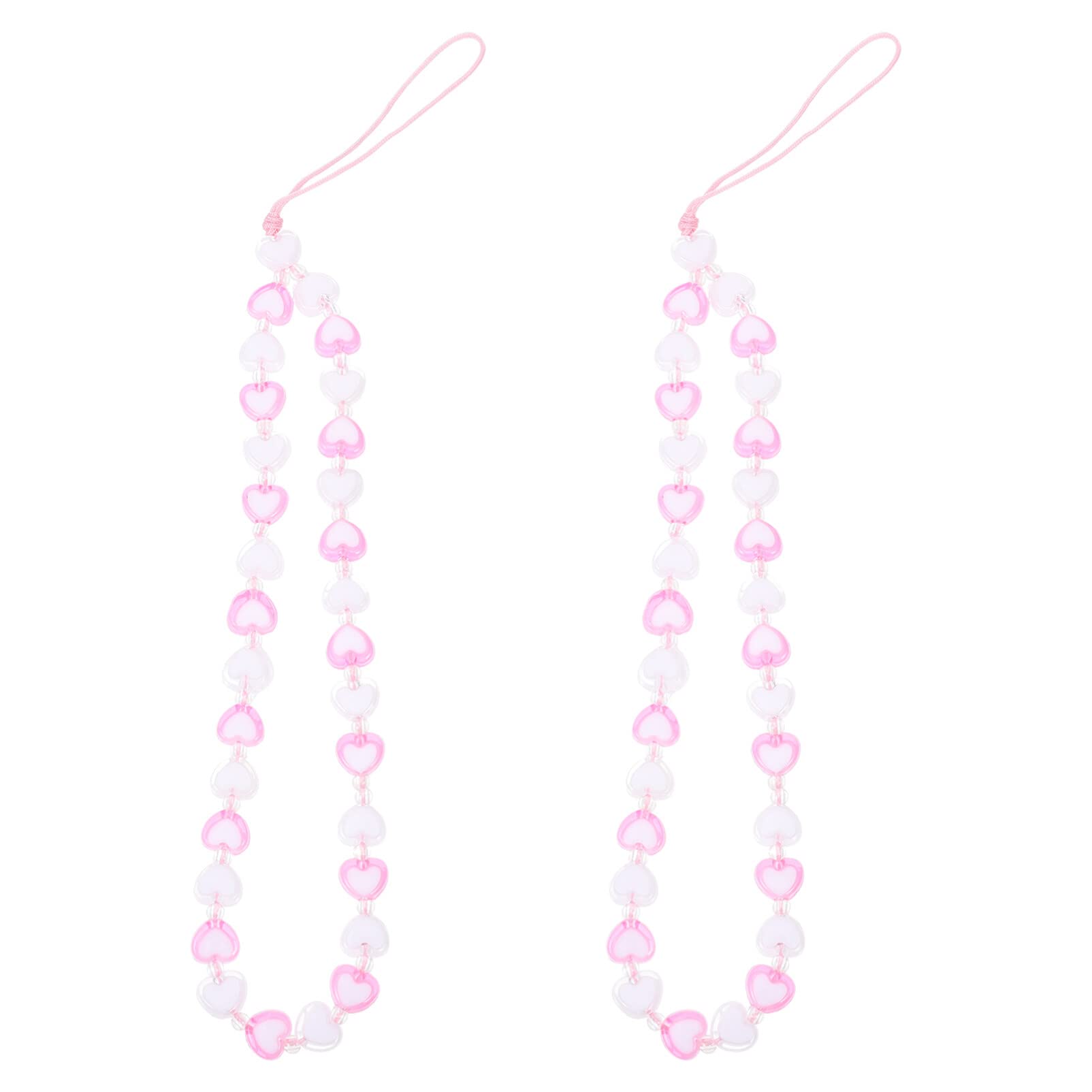 2Pcs Beaded Phone Lanyard with Heart Charm - Anti-Lost Phone Strap for Women & Girls (Pink) - Perfect for Work, Travel, and Everyday Use