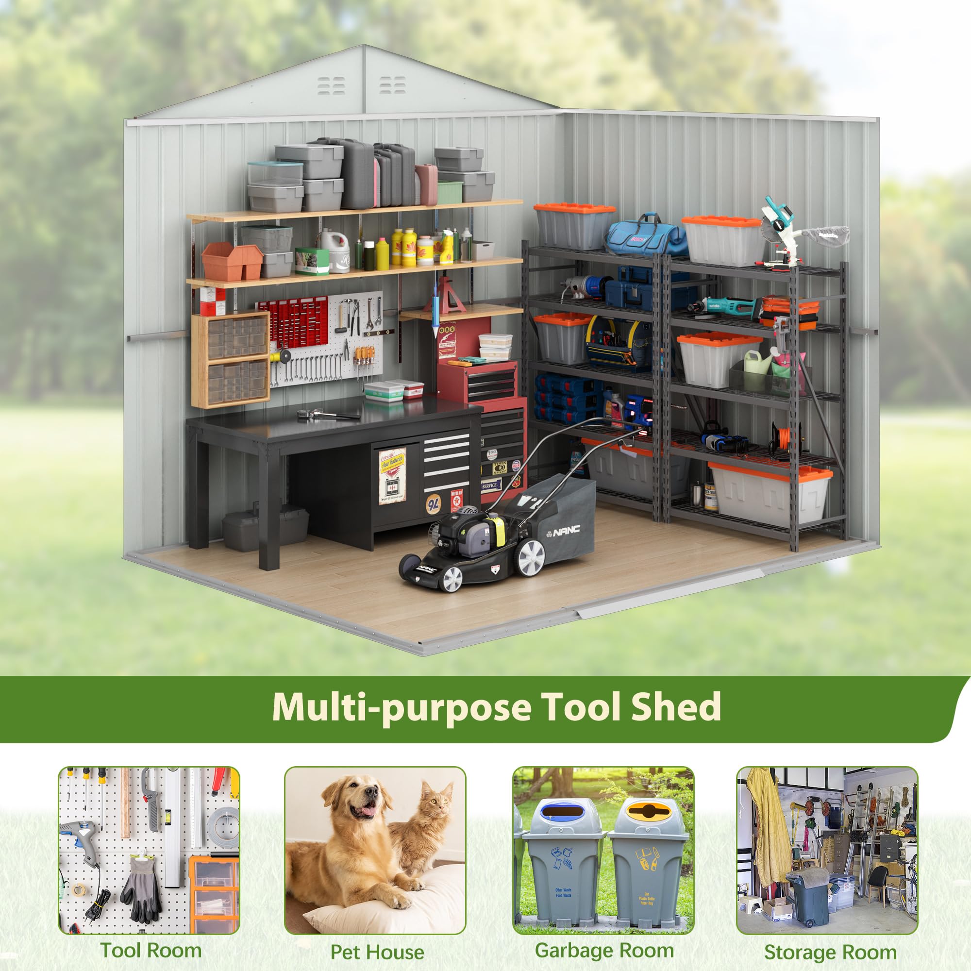 JAXPETY 6'x8' Large Metal Outdoor Storage Shed with Sliding Doors & Lock - Weatherproof Garden Shed for Backyard, Patio, Lawn - Perfect for Storing Tools, Equipment & Seasonal Items (Gray)