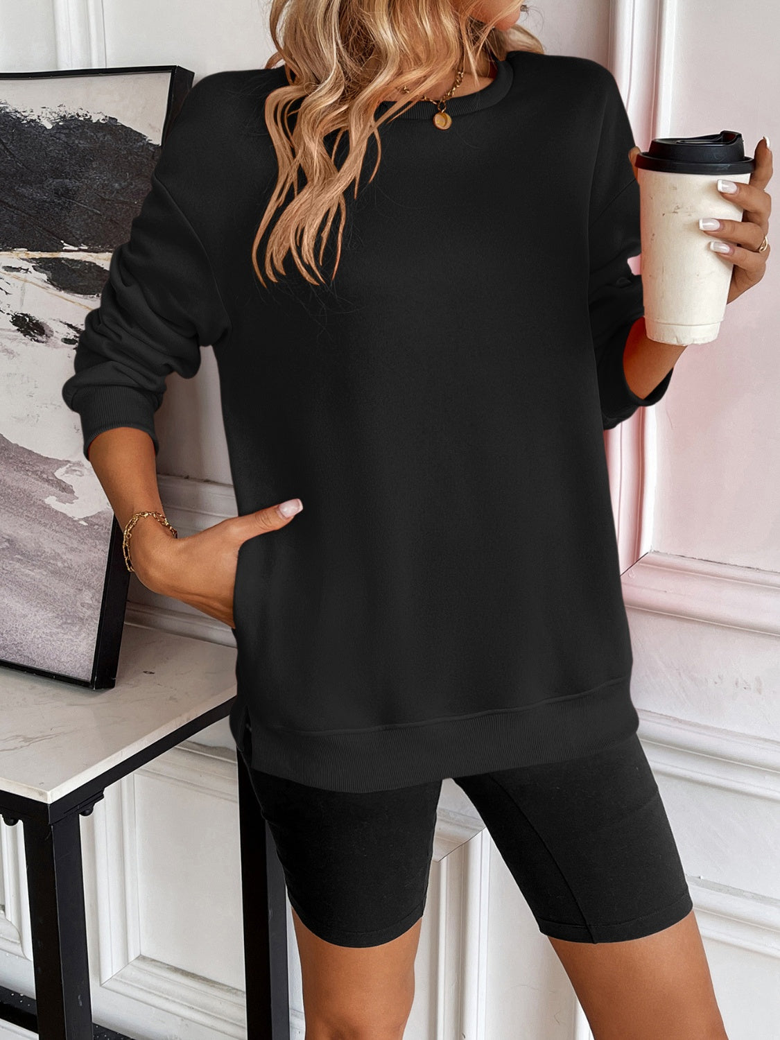 Ivy Lane Women's Round Neck Long Sleeve Sweatshirt - Soft Casual Pullover for Fall & Winter, Perfect for Coffee Dates, Work from Home & Weekend Outfits