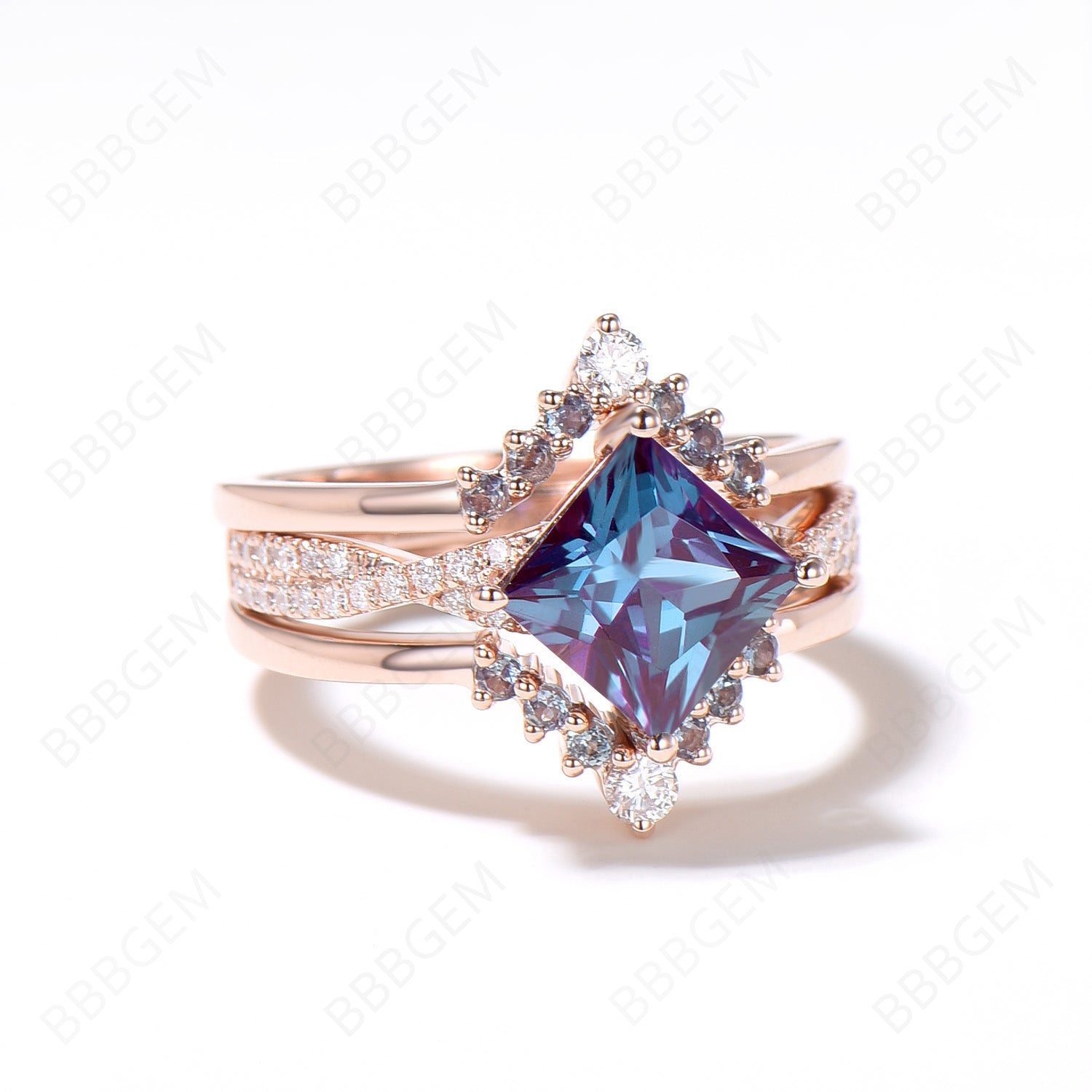 3-Piece Alexandrite Engagement Ring Set | Infinity Twist Moissanite & Diamond Wedding Ring in 14K Rose Gold | Princess Cut Alexandrite Bridal Jewelry Set for Proposals, Anniversaries & Special Occasions
