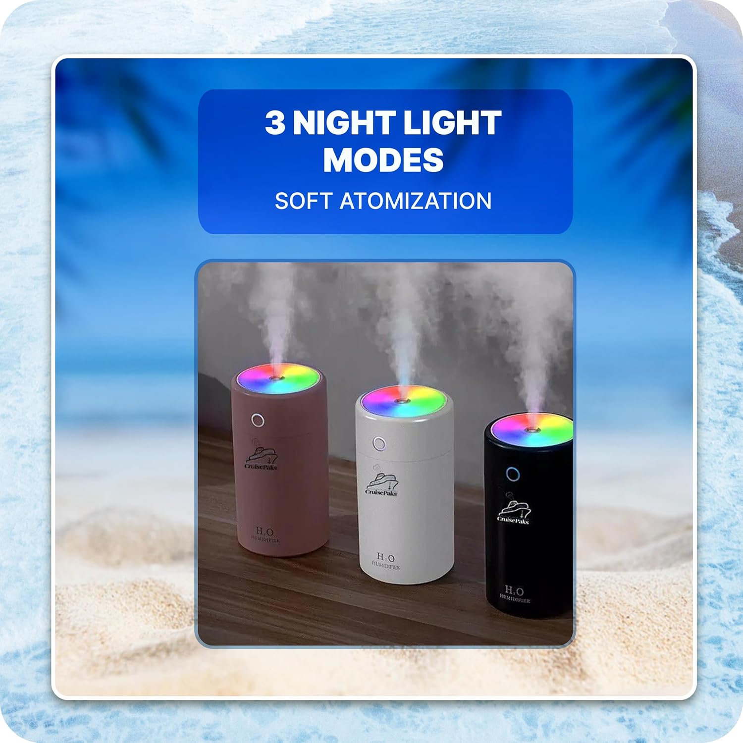 Travel Essentials Bundle - Mini Humidifier (Black/White), Wall Multi Plug & Portable Fan with Carrying Bag | Perfect for Cruise Vacations, Road Trips & Hotel Stays