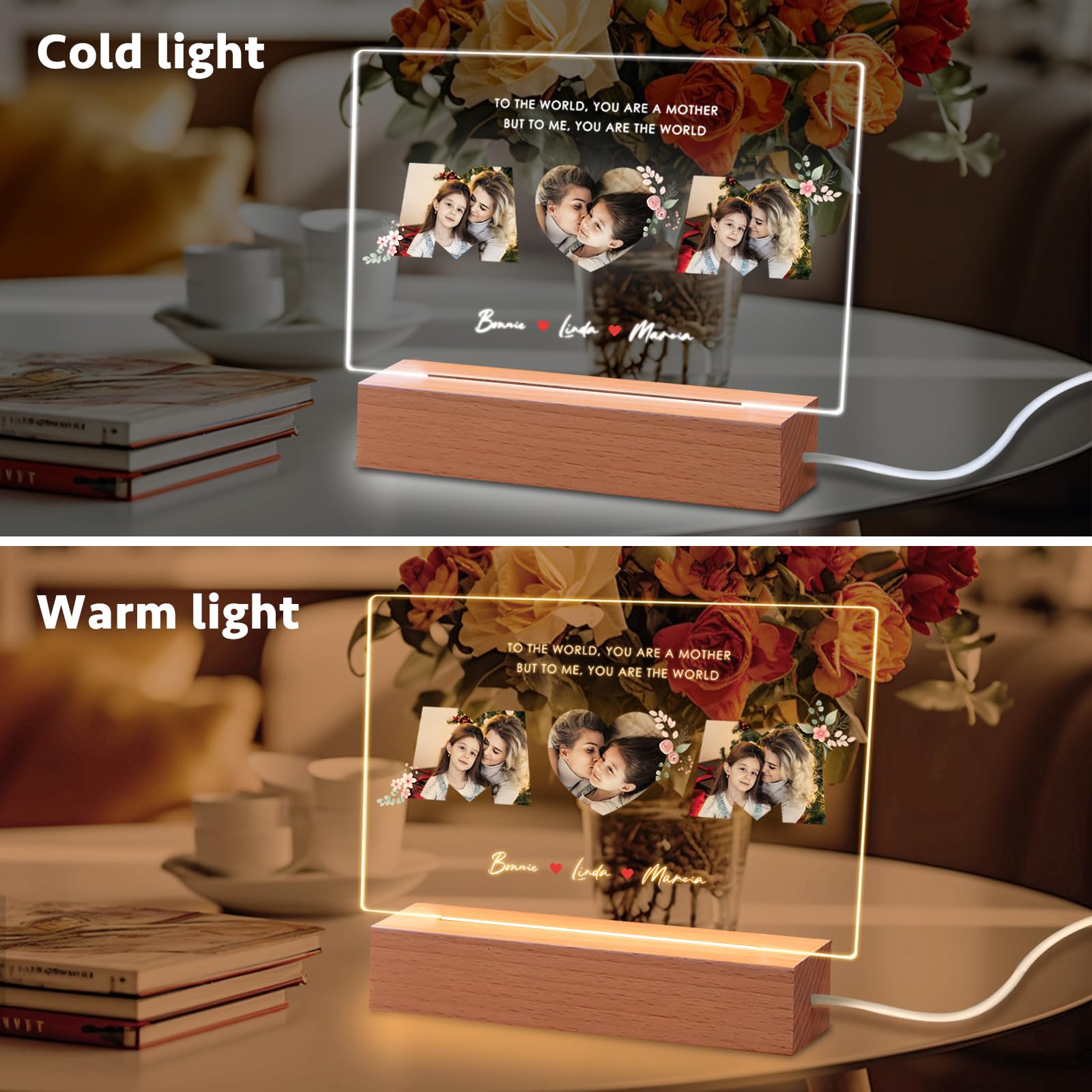 Custom Acrylic Plaque with Photo - Personalized Mother's Day & Birthday Gift for Mom from Daughter or Son - Unique Night Light for Bedroom, Nursery, or Office Decor