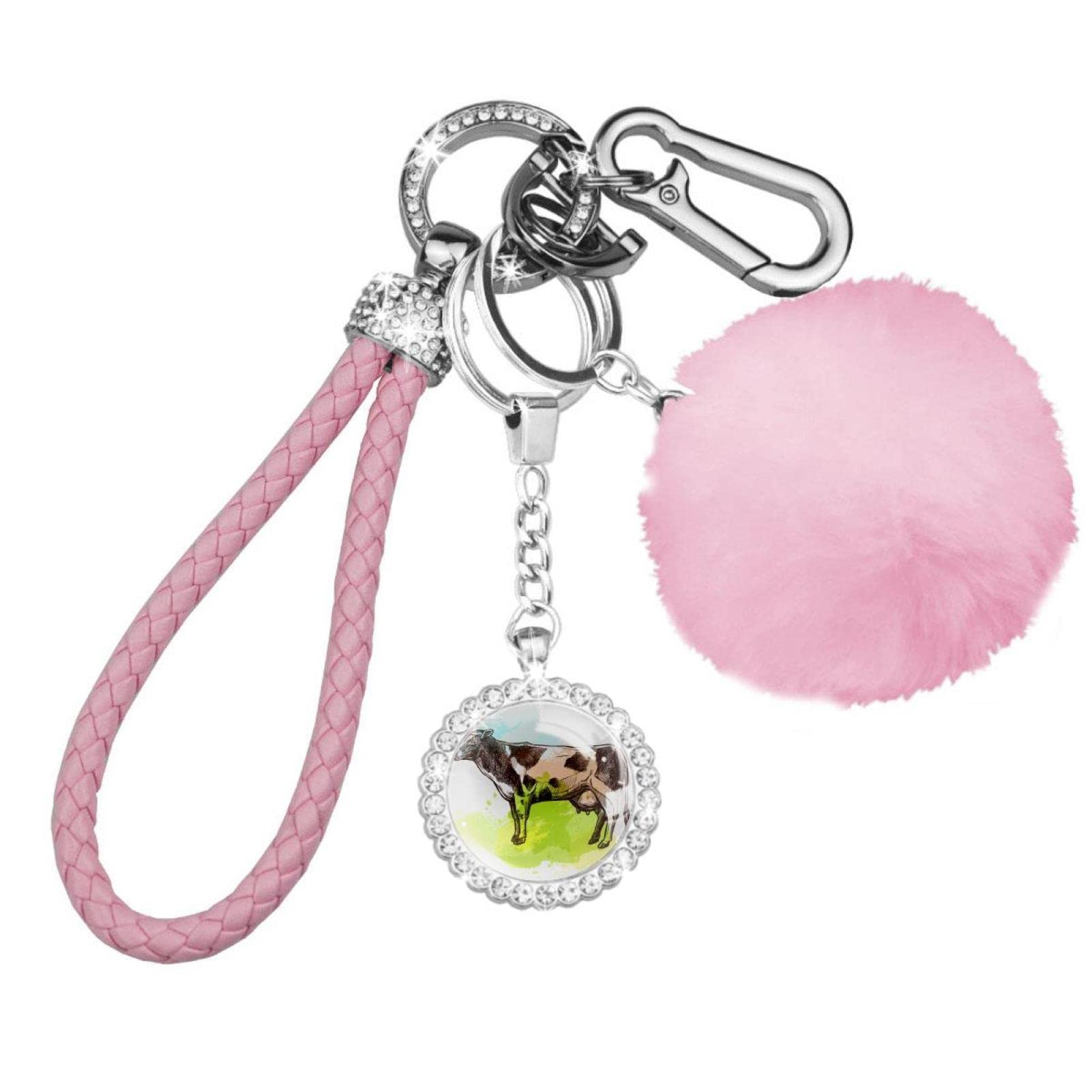 Handmade Cow Keychain Set for Women & Girls - 8Pcs Cute Animal Keychains with Car Keychain, Wristlet & Pompom - Perfect for Key Organization, Gifts & Backpack Accessories