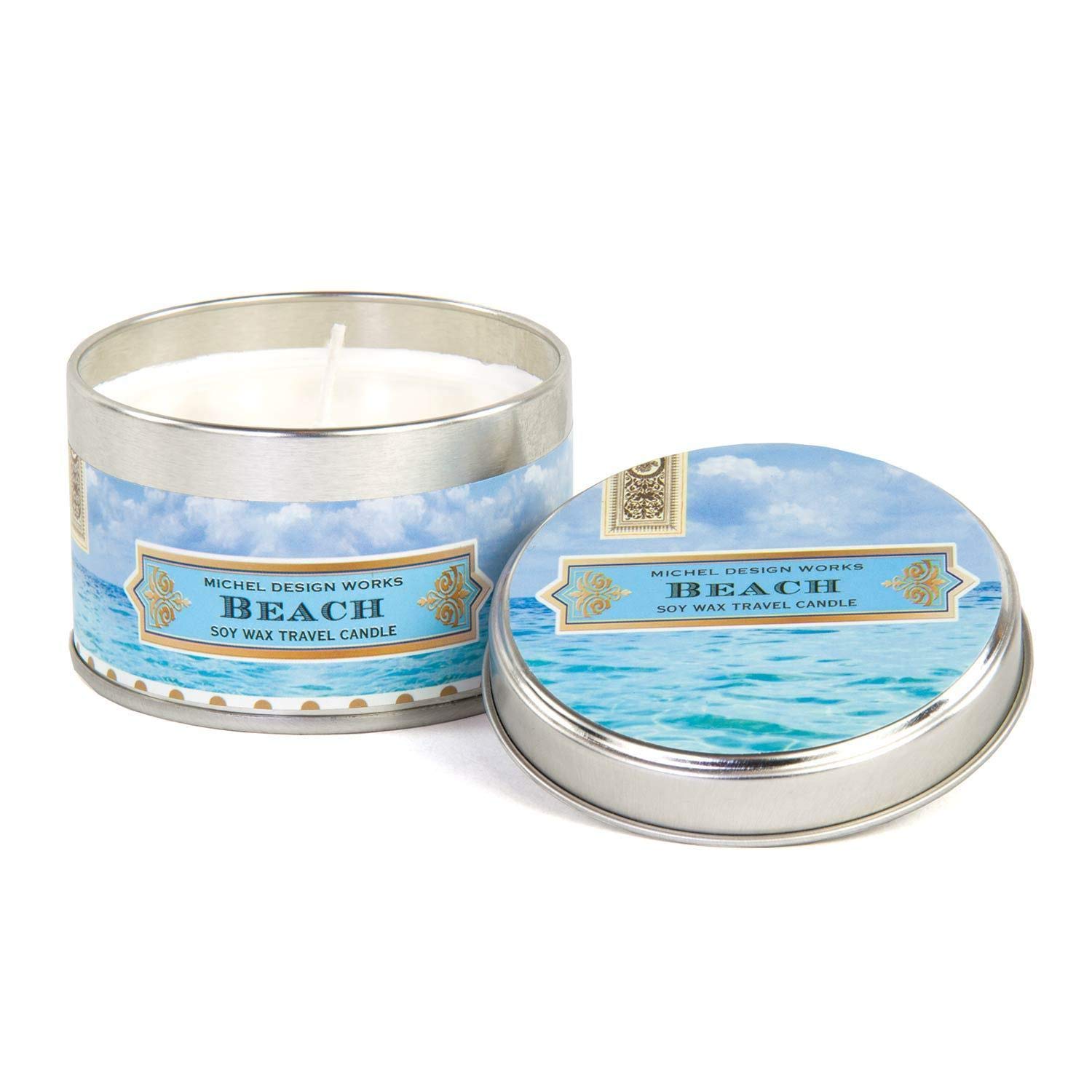 Michel Design Works Soy Wax Candle in Travel Tin - Beach Scented, Eco-Friendly, Long-Lasting - Perfect for Home Relaxation, Spa Days & Coastal Decor