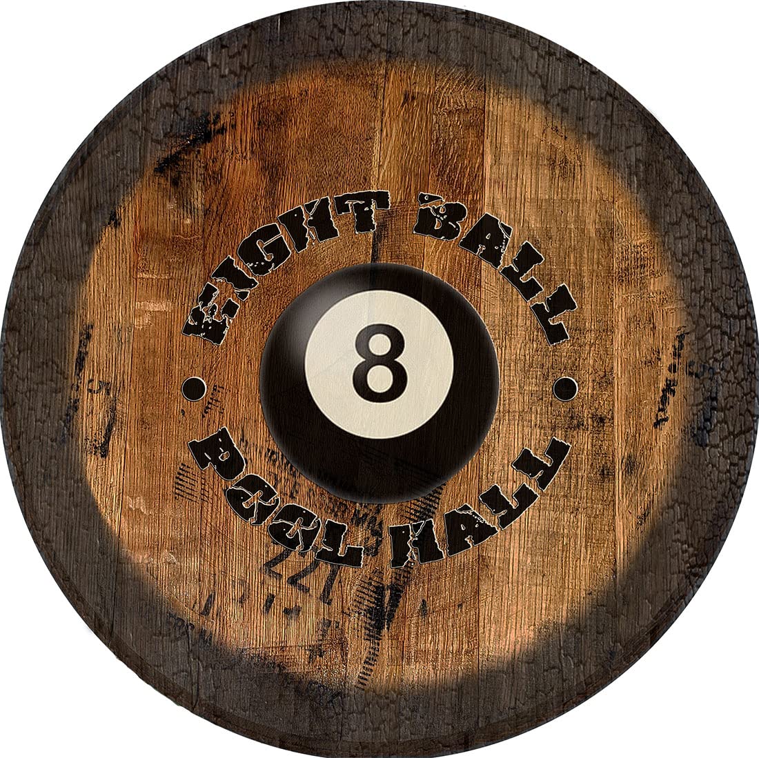 Vintage Eight Ball Pool Hall Pub Wall Art - Large Oak Whiskey Barrel Lid Decor for Man Cave, Basement Bar & Game Room
