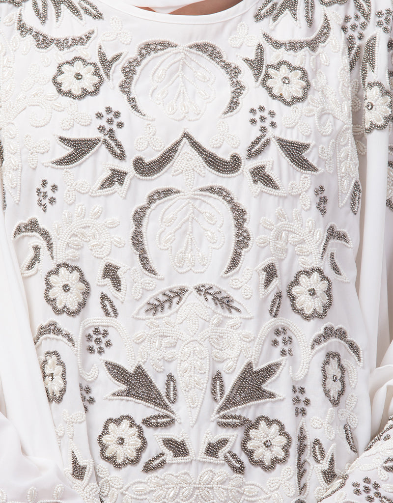 Elegant Arabic White Matt Nida Golden Embroidery Abaya Dress for Women - Perfect for Prayer, Special Occasions & Modest Fashion