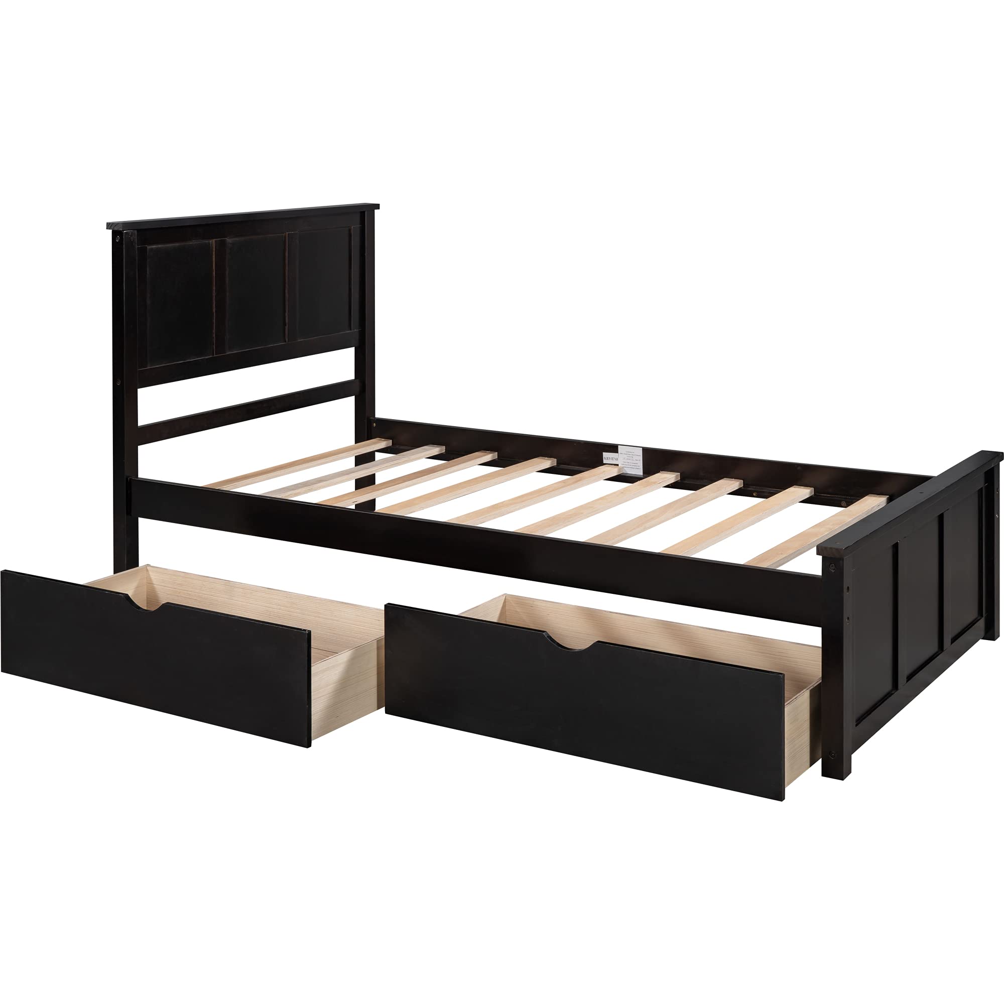 P PURLOVE Twin Size Wooden Platform Bed Frame with Storage Drawers & Headboard - Solid Wood Slat Support, No Box Spring Needed - Perfect for Kids' Rooms, Guest Bedrooms & Small Spaces
