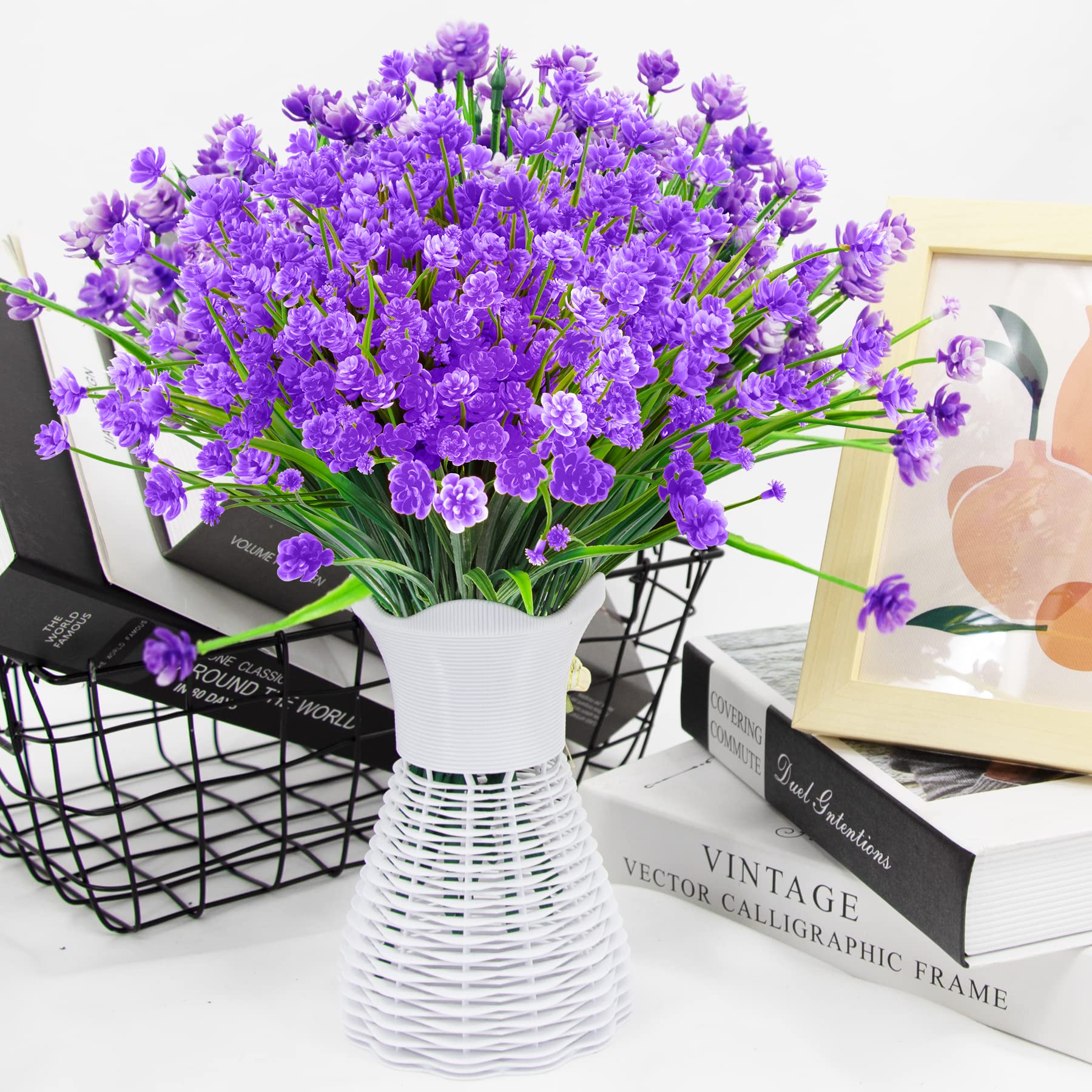 AUSTOR 10 Bundles UV Resistant Artificial Flowers Outdoor Fake Faux Plastic Flowers Shrubs Plants for Garden Home Window Box Decor - Perfect for Patio, Porch, Lawn & Wedding Decoration (Violet)