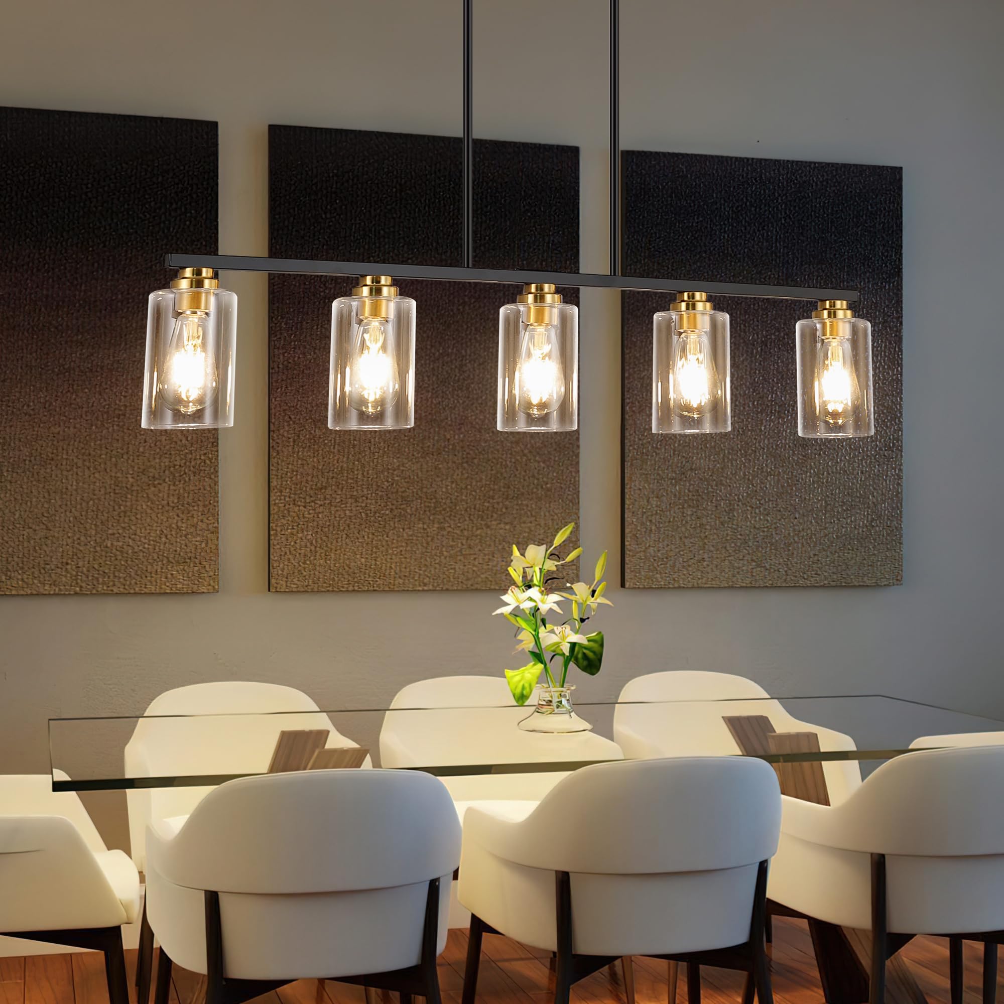 Black and Gold 5-Light Linear Chandelier - Modern Pendant Lighting for Kitchen Island, Dining Table & Living Room | Dimmable LED Fixture for Home Decor & Ambient Lighting