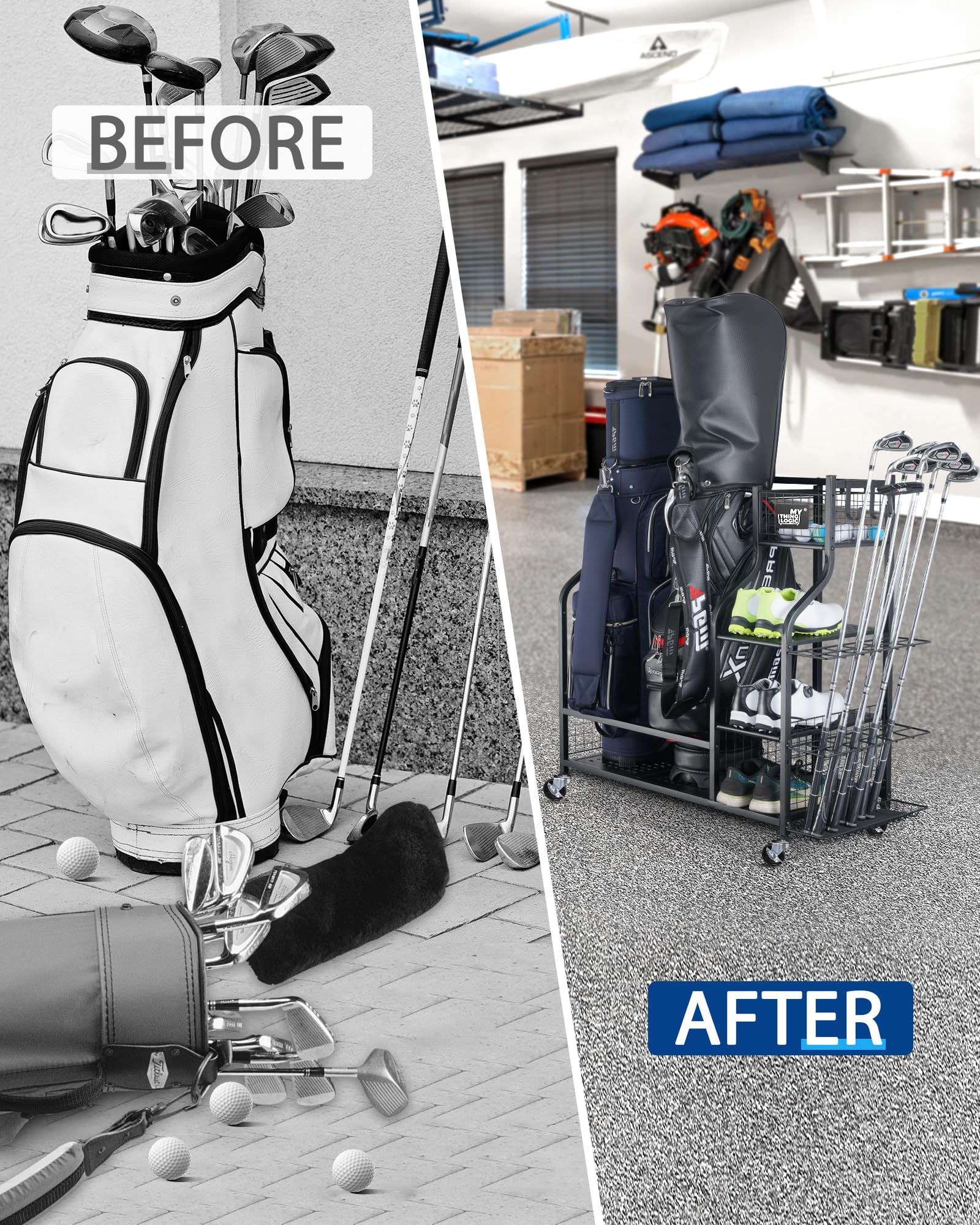 Mythinglogic Golf Bag Storage Stand - Golf Club Organizer Rack for Garage, Golf Equipment Holder with Extra Storage Space | Perfect for Golf Club Organization & Home Garage Storage