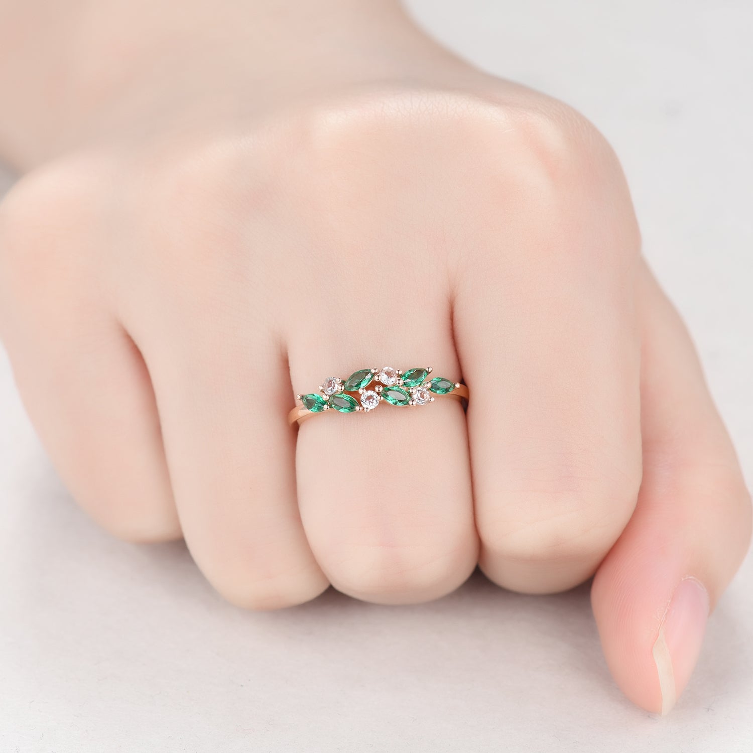 Exquisite 14k Rose Gold Emerald & Aquamarine Cluster Wedding Band – Elegant Mother’s Ring for Anniversary, Gift & Special Occasions