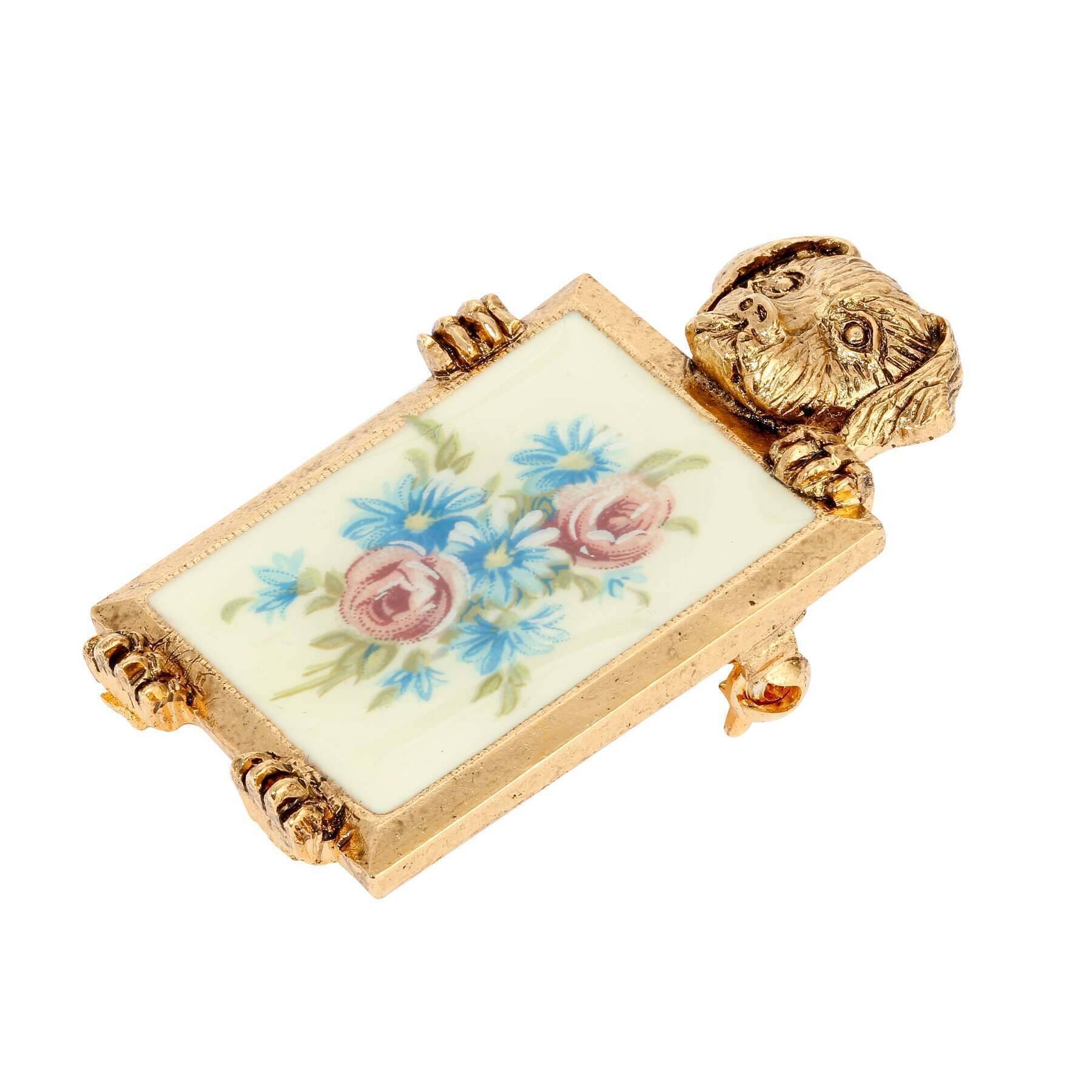 Vintage 1928 Jewelry Dog & Multicolor Floral Enamel Brooch Pin - Perfect for Collectors, Gift Giving & Vintage Fashion Accessories