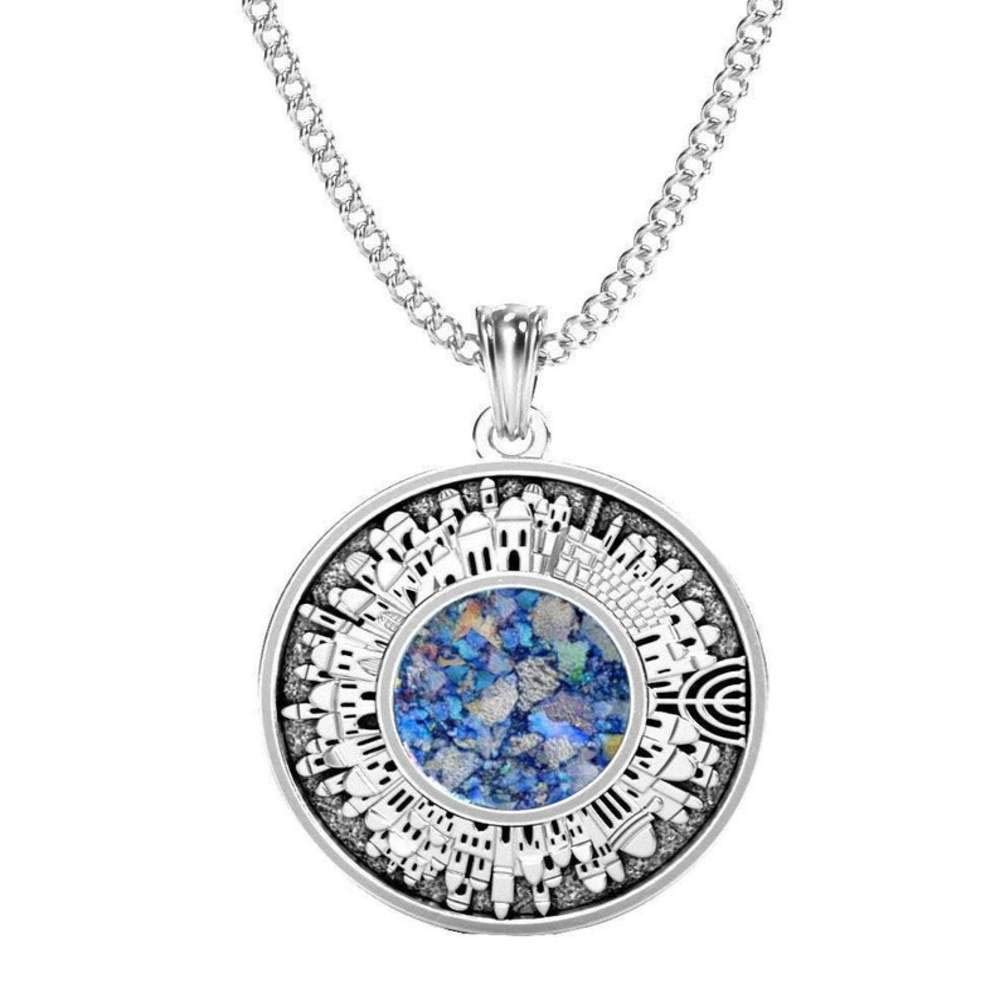 925 Sterling Silver Roman Glass Jerusalem Pendant Necklace - Authentic Jewish Jewelry for Men & Women - Perfect for Hanukkah Gifts, Bar Mitzvah & Religious Occasions