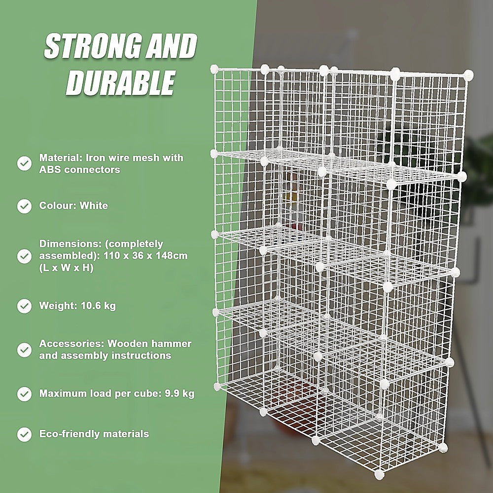 12 Cube Wire Grid Organizer Bookcase - White Storage Cabinet for Wardrobe, Closet & Home Organization | Perfect for Bedroom, Office & Living Room Storage Solutions