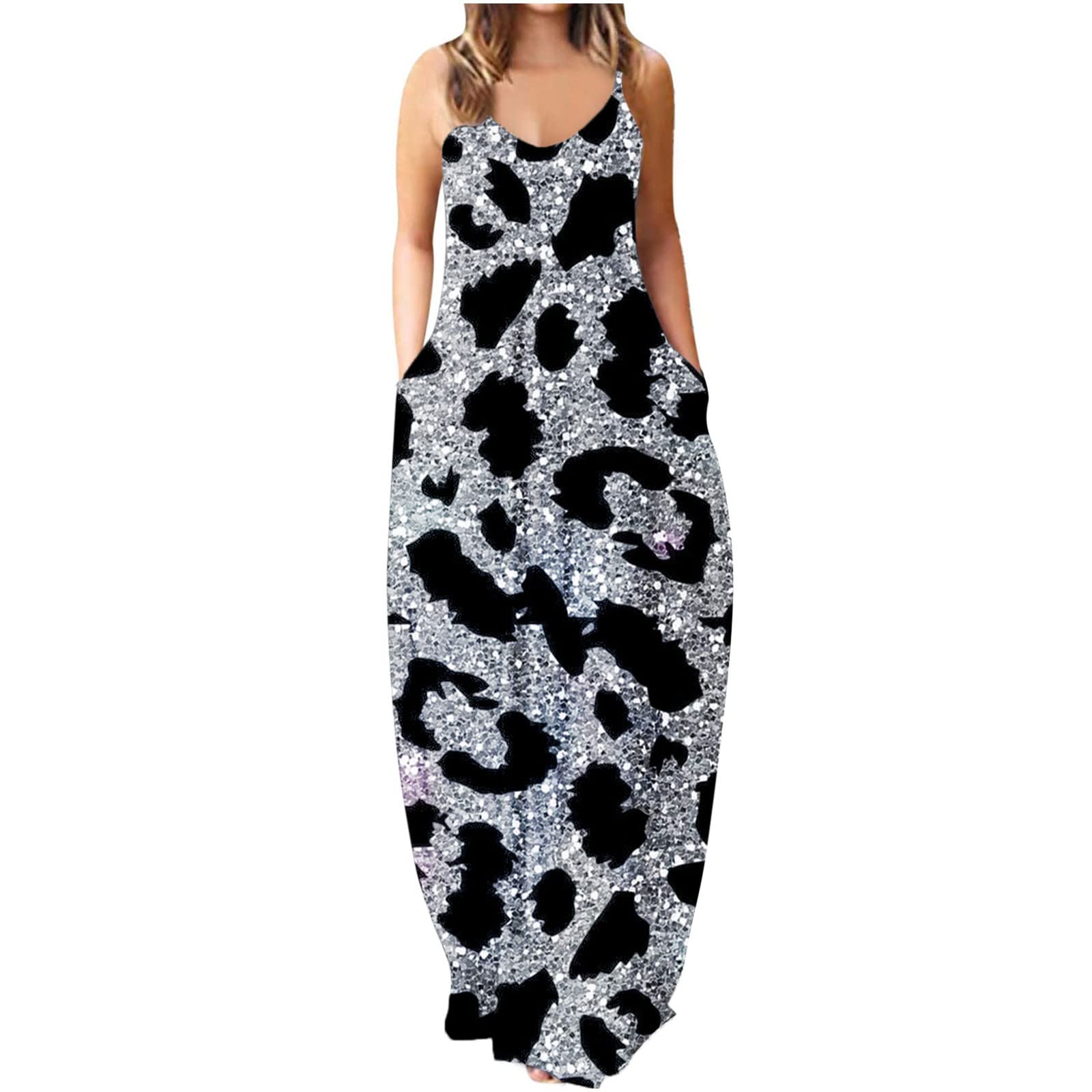 Women's Summer Butterfly Print Maxi Dress with Pockets - V Neck Spaghetti Strap Beach Dress for Plus Size | Perfect for Vacations, Pool Parties & Casual Outings