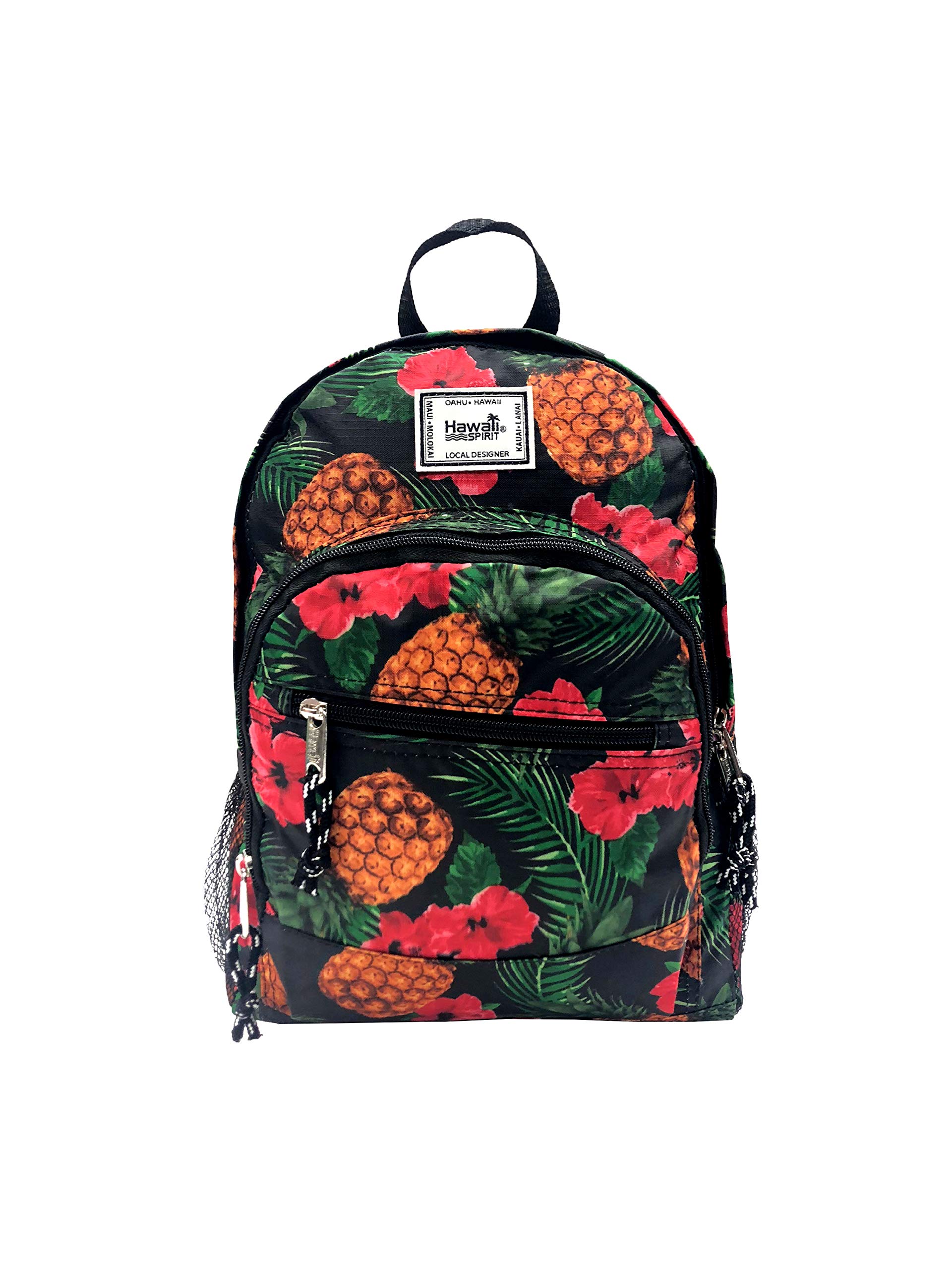 Hawaiian Pineapple Print Small Backpack for Women & Teens - Lightweight Travel Daypack, School Bag, Beach Tote - Black & Tropical Design