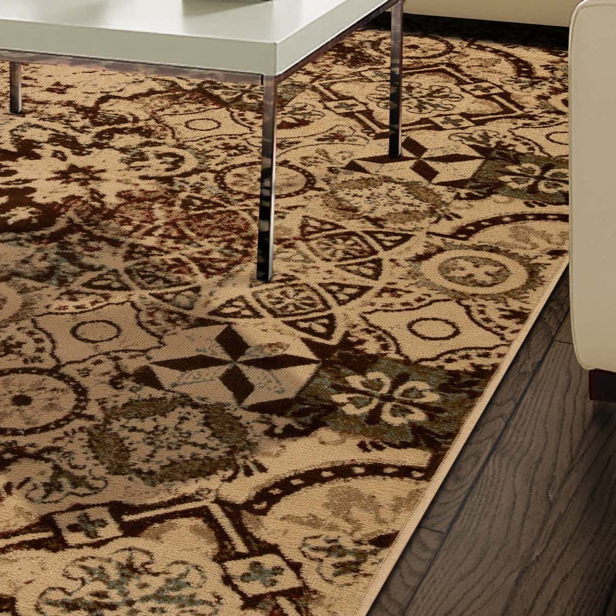 Stylish Rangoli Geometric Medallion Indoor Area Rug - Non-Slip Bohemian Decor for Living Room, Bedroom & Office