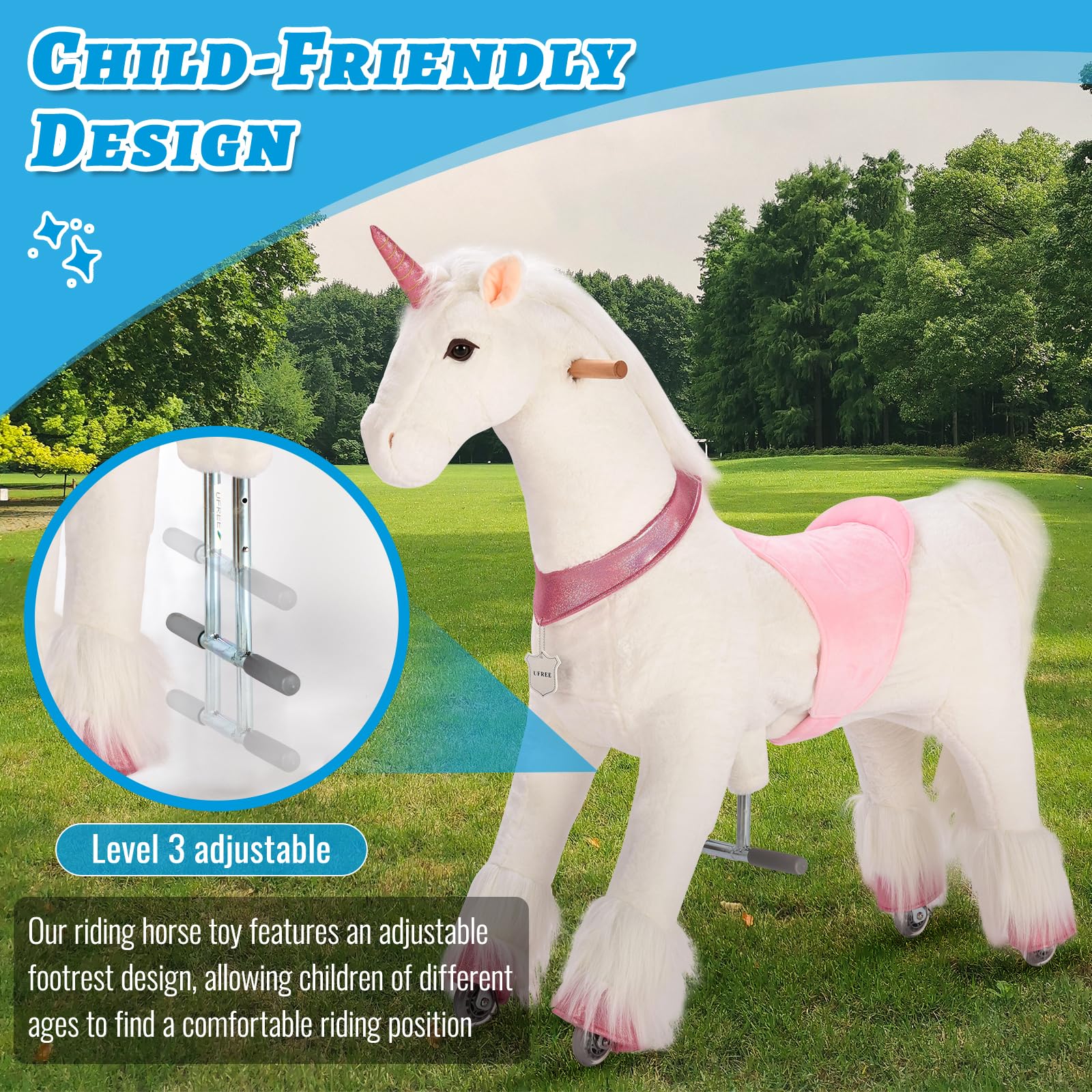 UFREE Ride-On Unicorn Plush Toy for Kids Ages 4-9 | Pink Stuffed Animal Ride-On Unicorn | Perfect for Birthday Gifts, Indoor Play & Imaginative Playtime