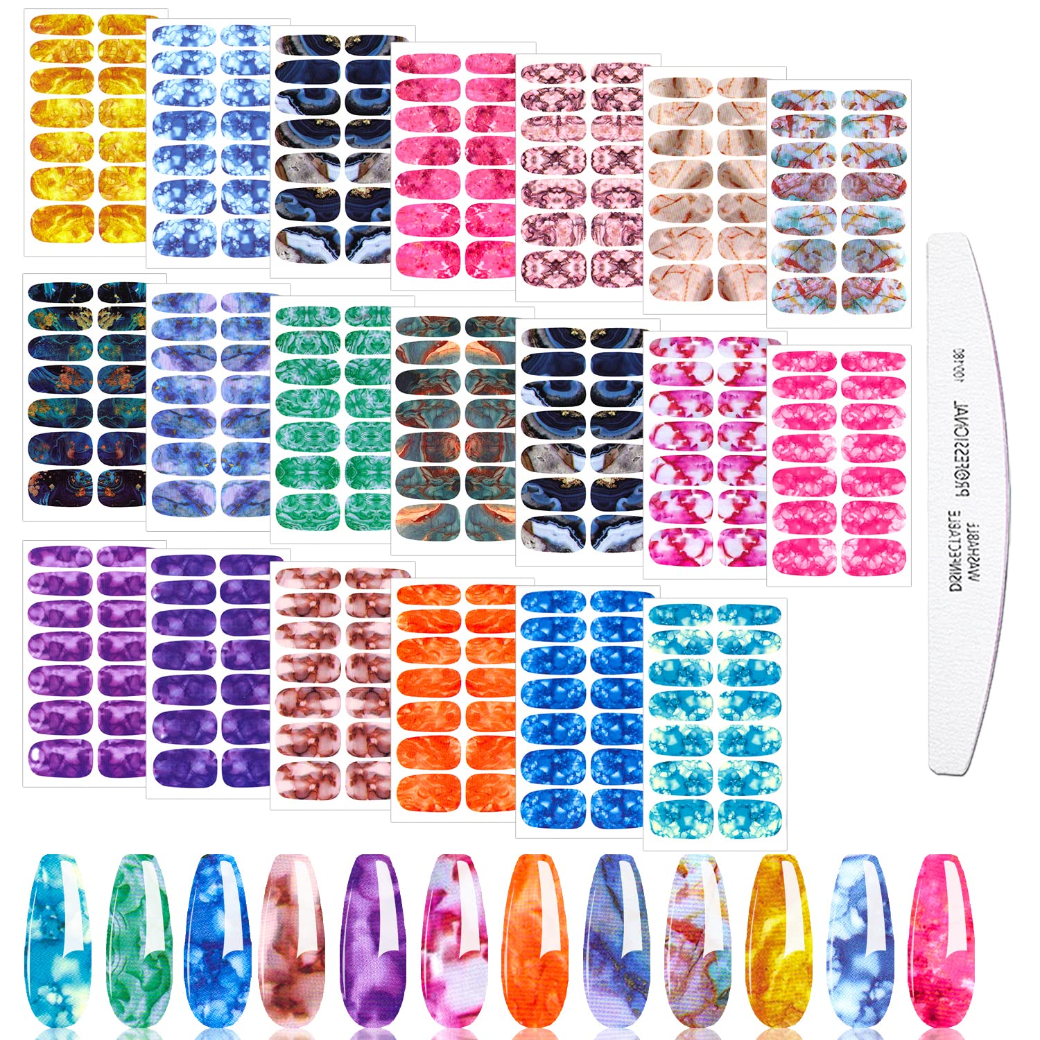 JERCLITY 20 Sheets Marble Nail Polish Strips - Watercolor Nail Stickers with Nail File, Self-Adhesive Full Nail Wraps for Women, DIY Manicure Kit for Home & Salon Nail Art | Perfect for Parties, Weddings, and Everyday Wear