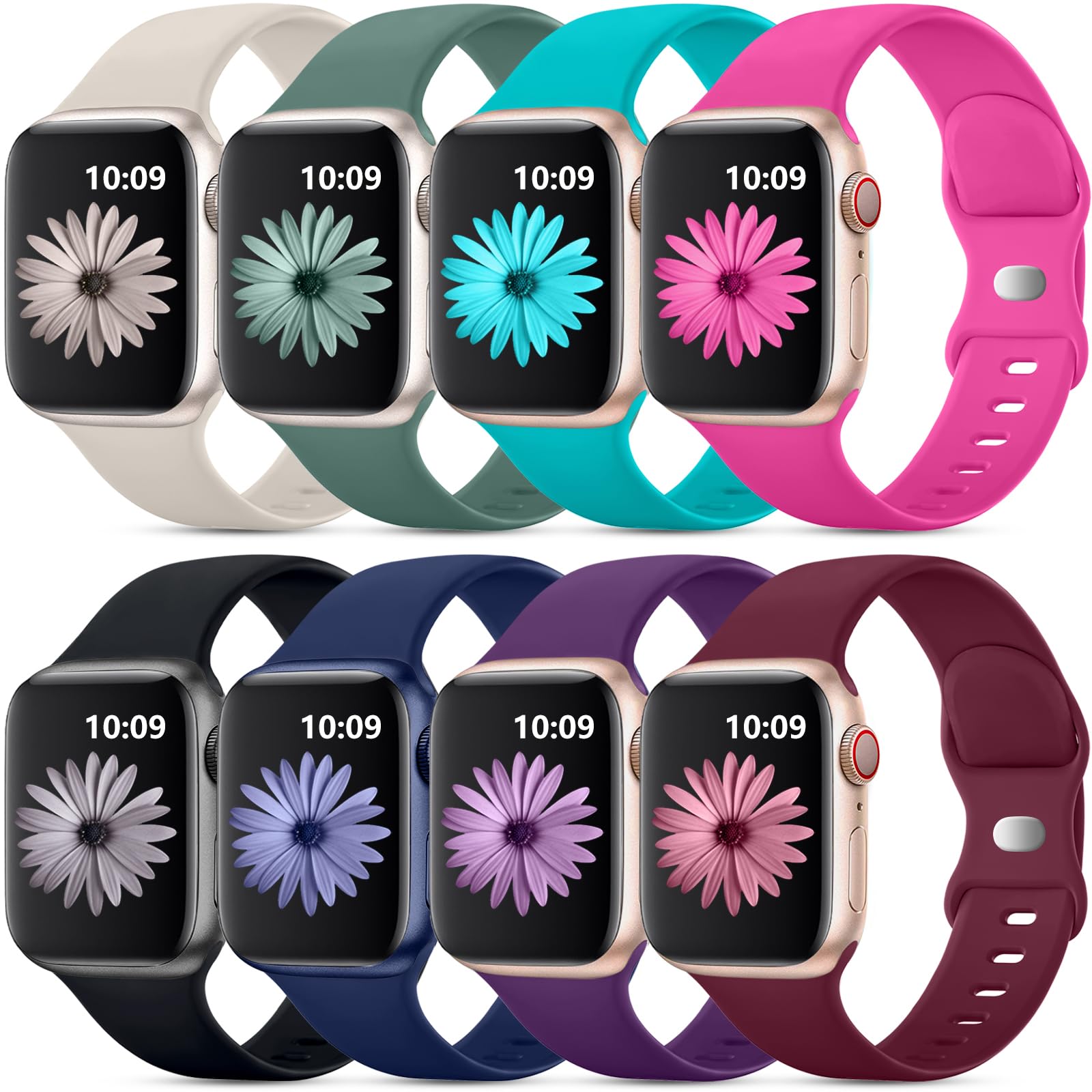 8 Pack Sport Bands Compatible with Apple Watch 38mm 40mm 41mm 42mm 44mm 45mm 46mm 49mm - Soft Silicone Waterproof Strap for Apple Watch Ultra/Ultra 2 & iWatch Series 10/9/8/7/6/5/4/3/2/1/SE - Perfect for Running, Swimming & Everyday Wear