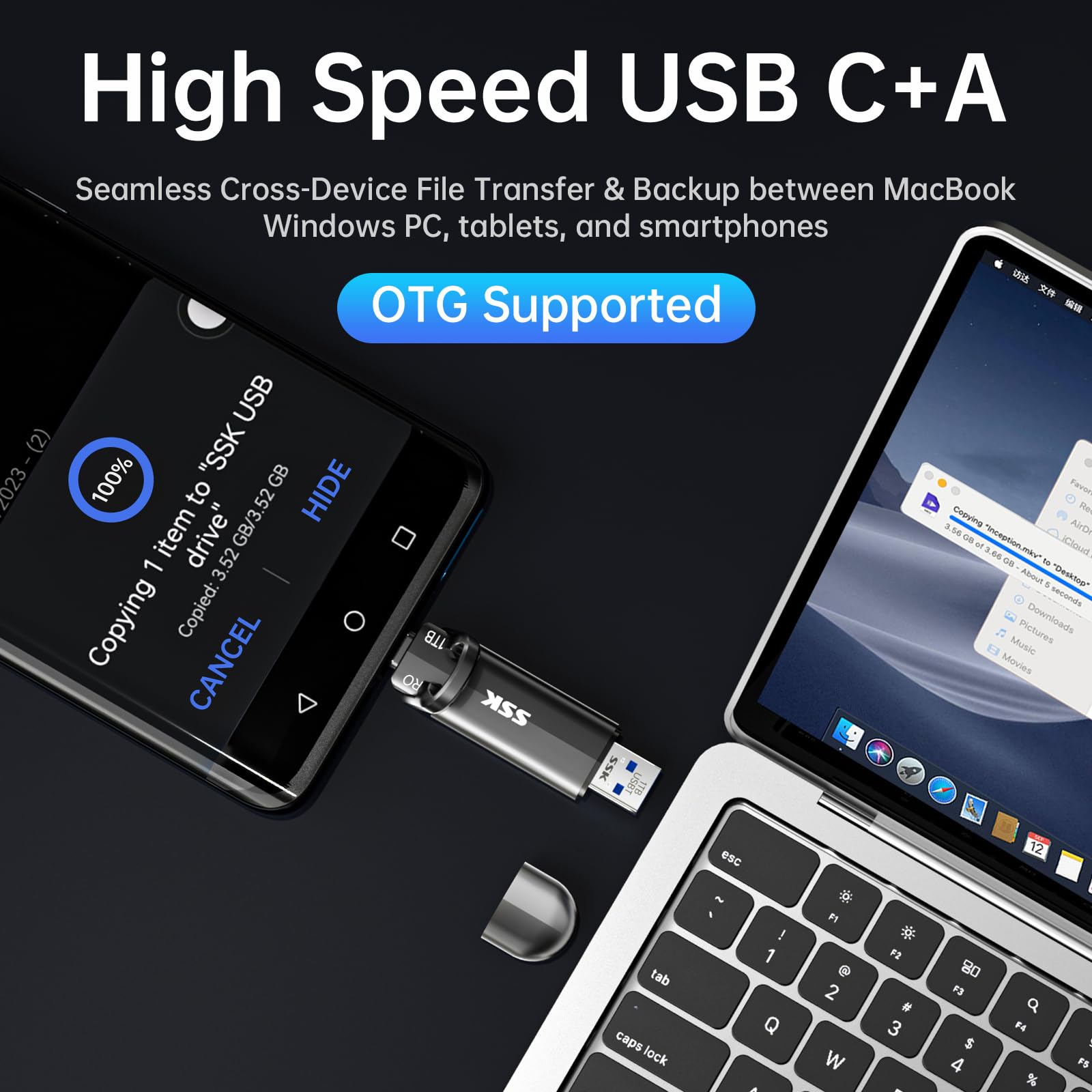 SSK 1TB External SSD Portable Drive - Up to 1000MB/s, USB-C & USB 3.2 Gen 2 - Compatible with iPhone 15, PS4, Android, Windows, Mac - Fast Storage for Gaming, Photography & Office Work