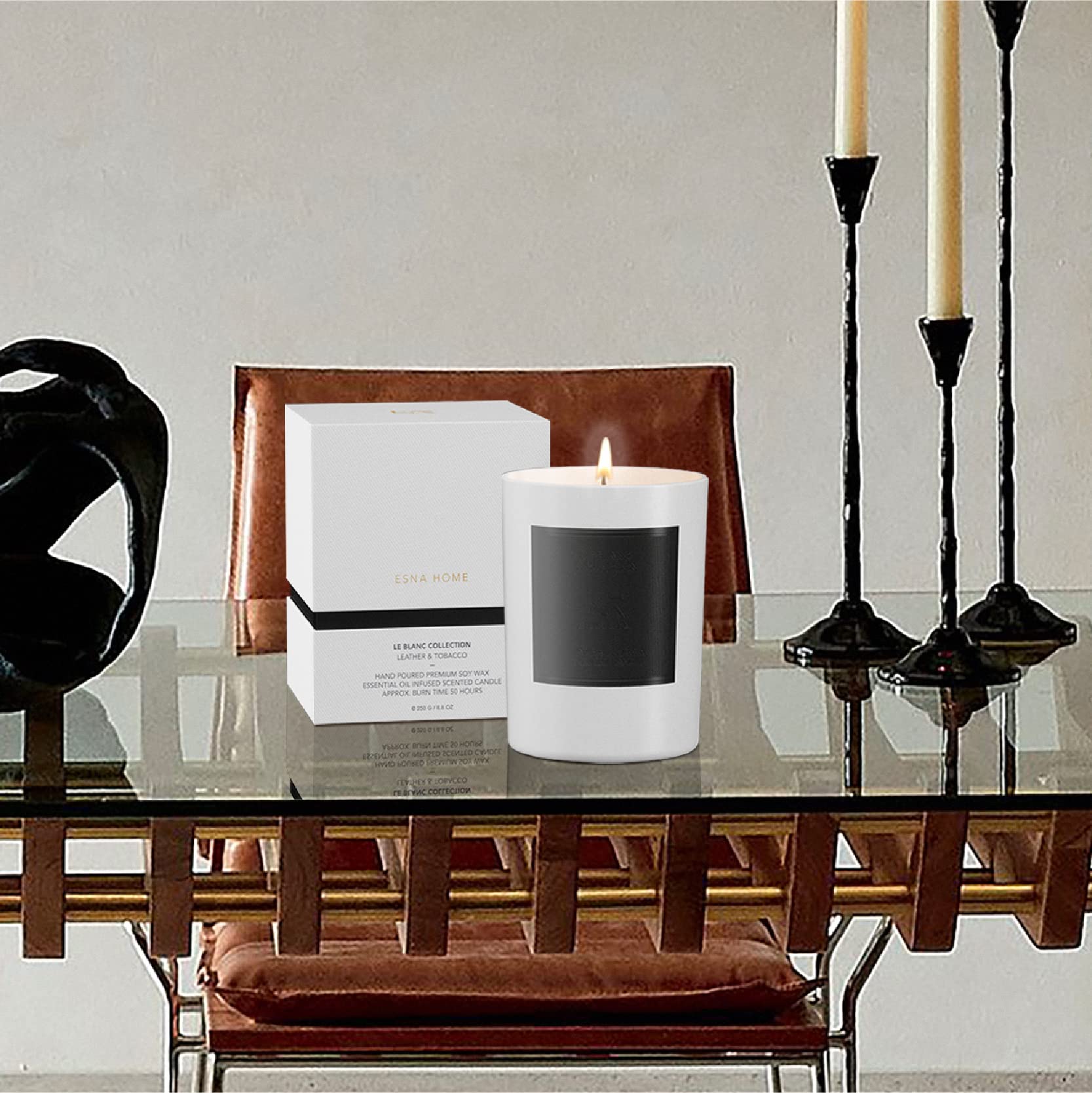 ESNA HOME Leblanc Leather & Tobacco Scented Soy Candle - 8.8oz All Natural Essential Oils Aromatherapy Candle - 50 Hours Burn Time - Perfect for Mother's Day Gifts, Home Decor & Relaxation