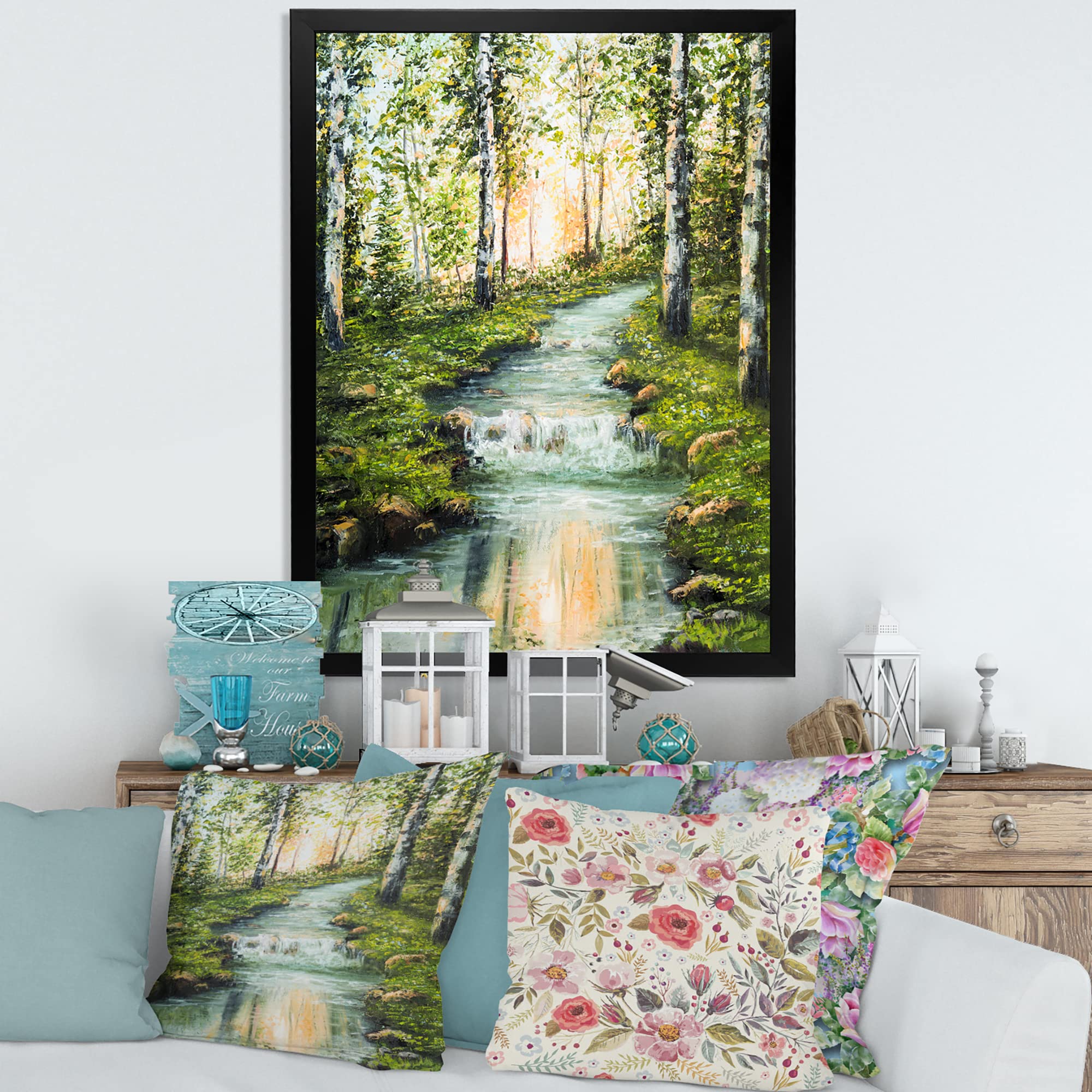 River Through Birch Forest Lake House Framed Wall Art - Nature Landscape Painting for Living Room, Bedroom & Office Decor