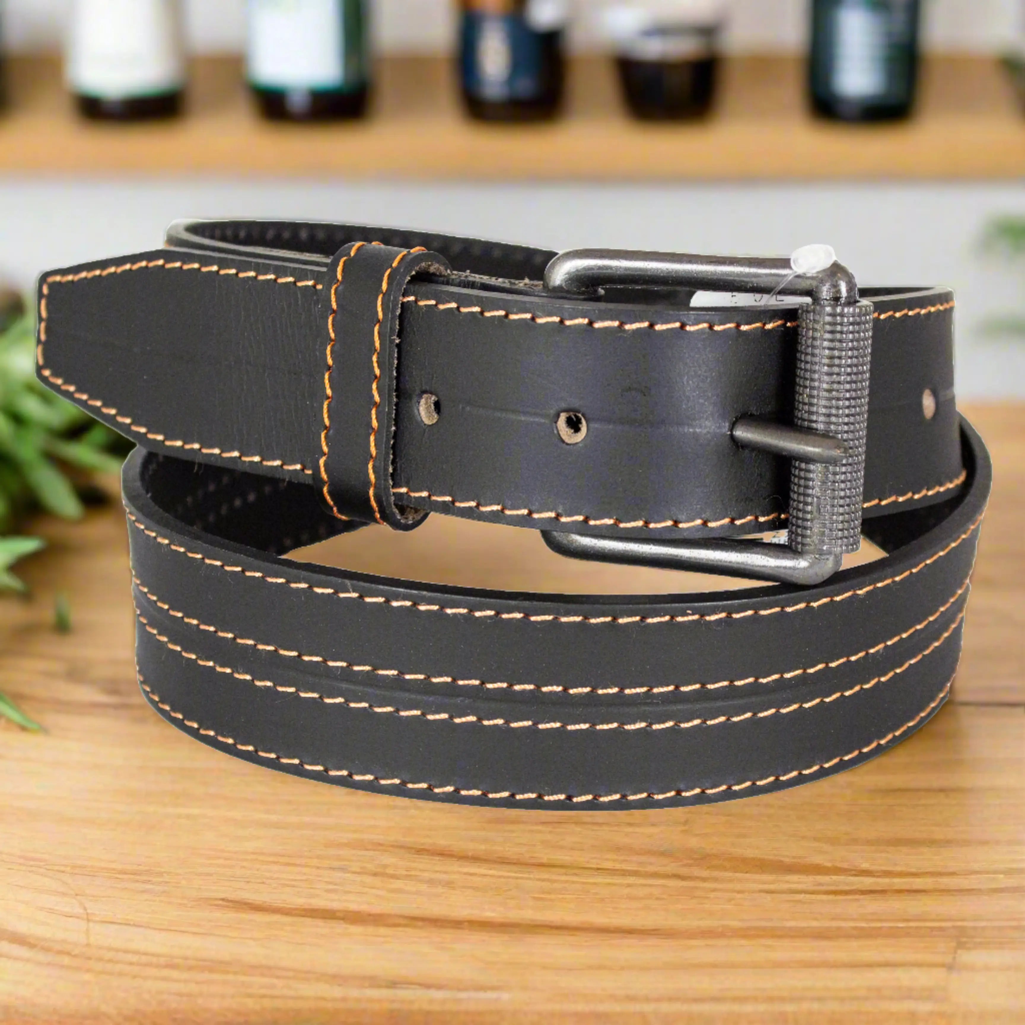 BOL Men's Roller Buckle Genuine Leather Belt - Adjustable & Removable Stitched Design for Business Casual & Office Wear