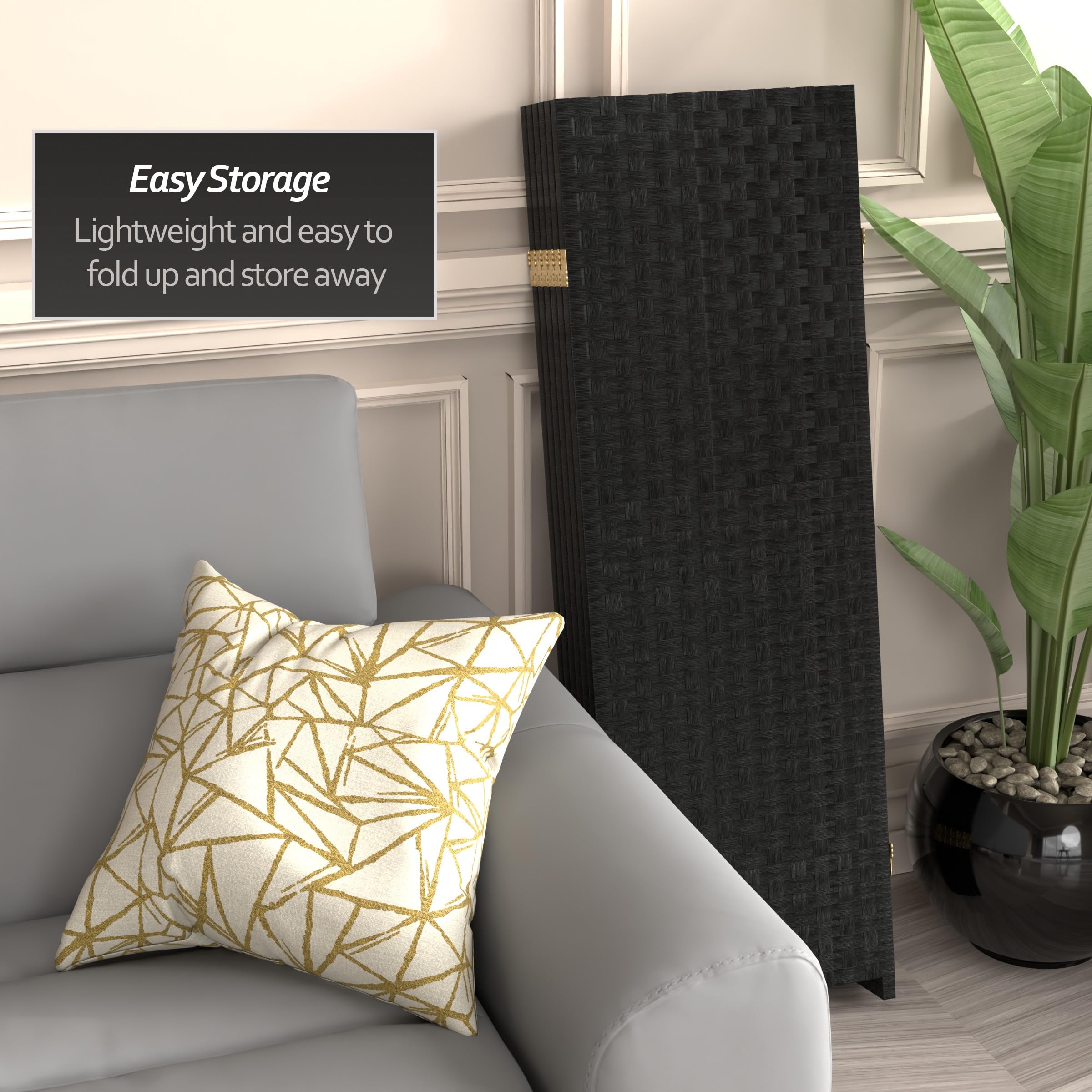 4 ft. Short Woven Fiber Folding Room Divider - Black 6-Panel Privacy Screen for Home, Office, or Outdoor Use - Space Separator for Living Room, Bedroom, Patio, and Events