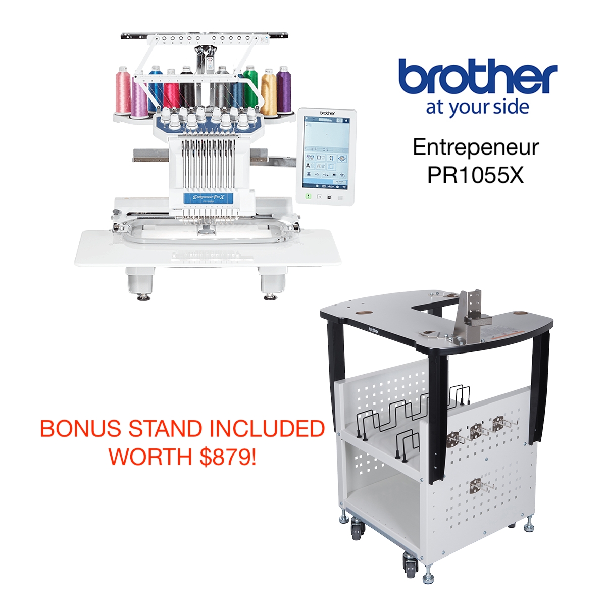 Brother PR1055X 10-Needle Semi-Commercial Embroidery Machine with Free Stand ($879 Value) - Perfect for Home Businesses, Custom Apparel, and Craft Projects