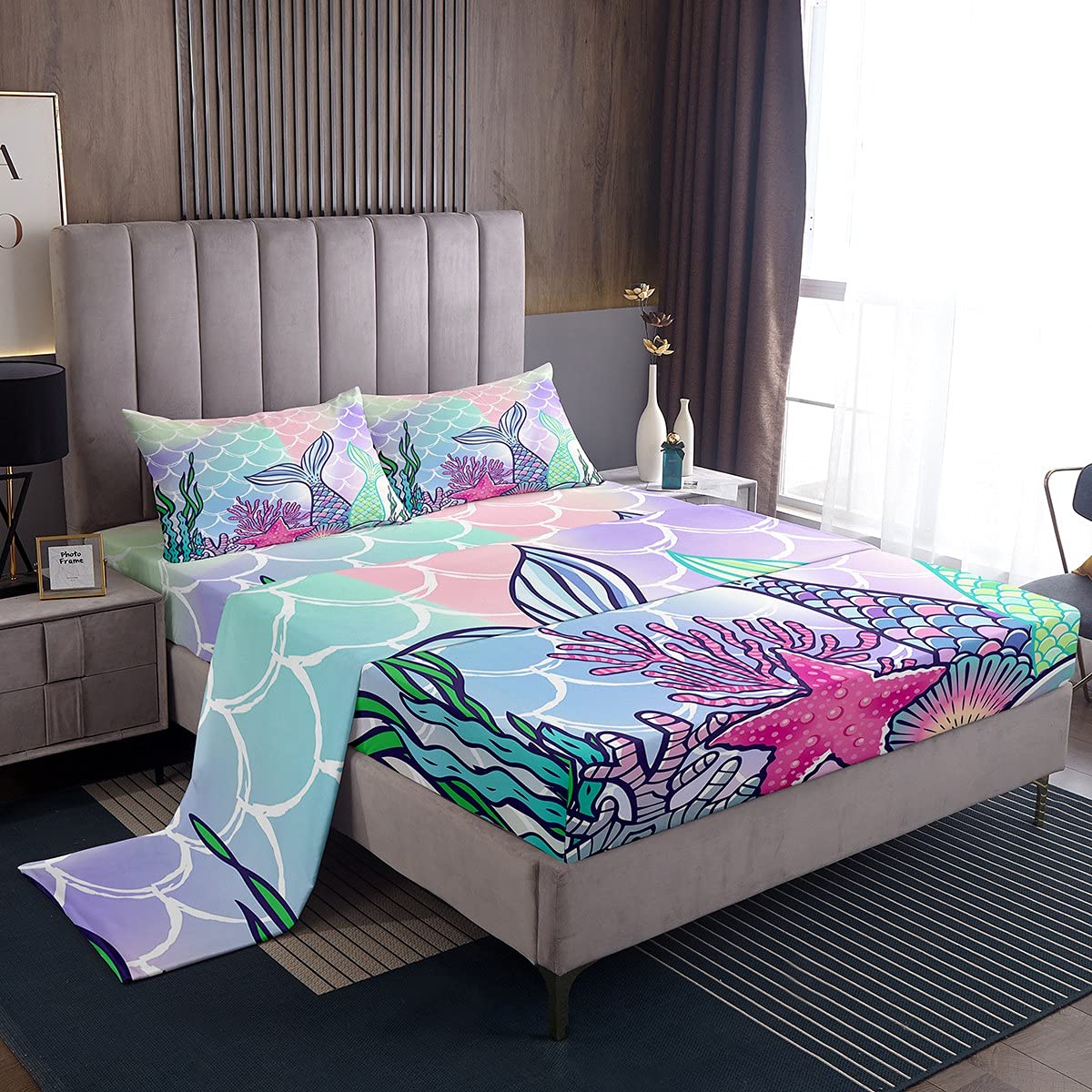 Manfei Full Size Fish Scales Watercolor Mermaid Bedding Set - 4 Piece Set with Deep Pocket Fitted Sheet, Flat Sheet & 2 Pillowcases - Kids Cartoon Abstract Mermaid Seaweed Design - Perfect for Kids' Rooms, Beach Themed Decor & Fantasy Bedrooms