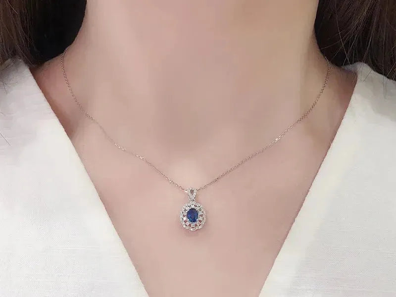 18K White Gold Pendant for Women with Natural Blue Sapphire & Shiny Diamonds - Romantic Embroidery Ball Design Wedding Jewelry Gift for Brides, Anniversaries & Special Occasions