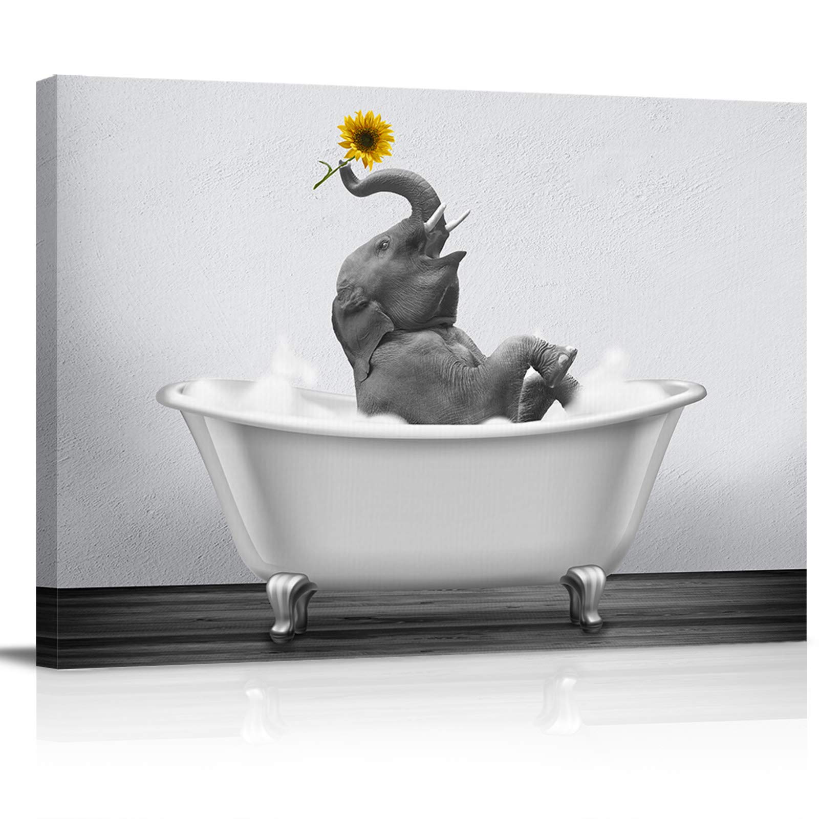 Yun Nist Gray White Elephant Canvas Wall Art - Funny Sunflower Bath Tub Painting, Stretched Framed Animal Print 16x24 Inch - Perfect for Living Room, Bedroom & Bathroom Decor | Modern Home Wall Art for Gifts & Interior Design