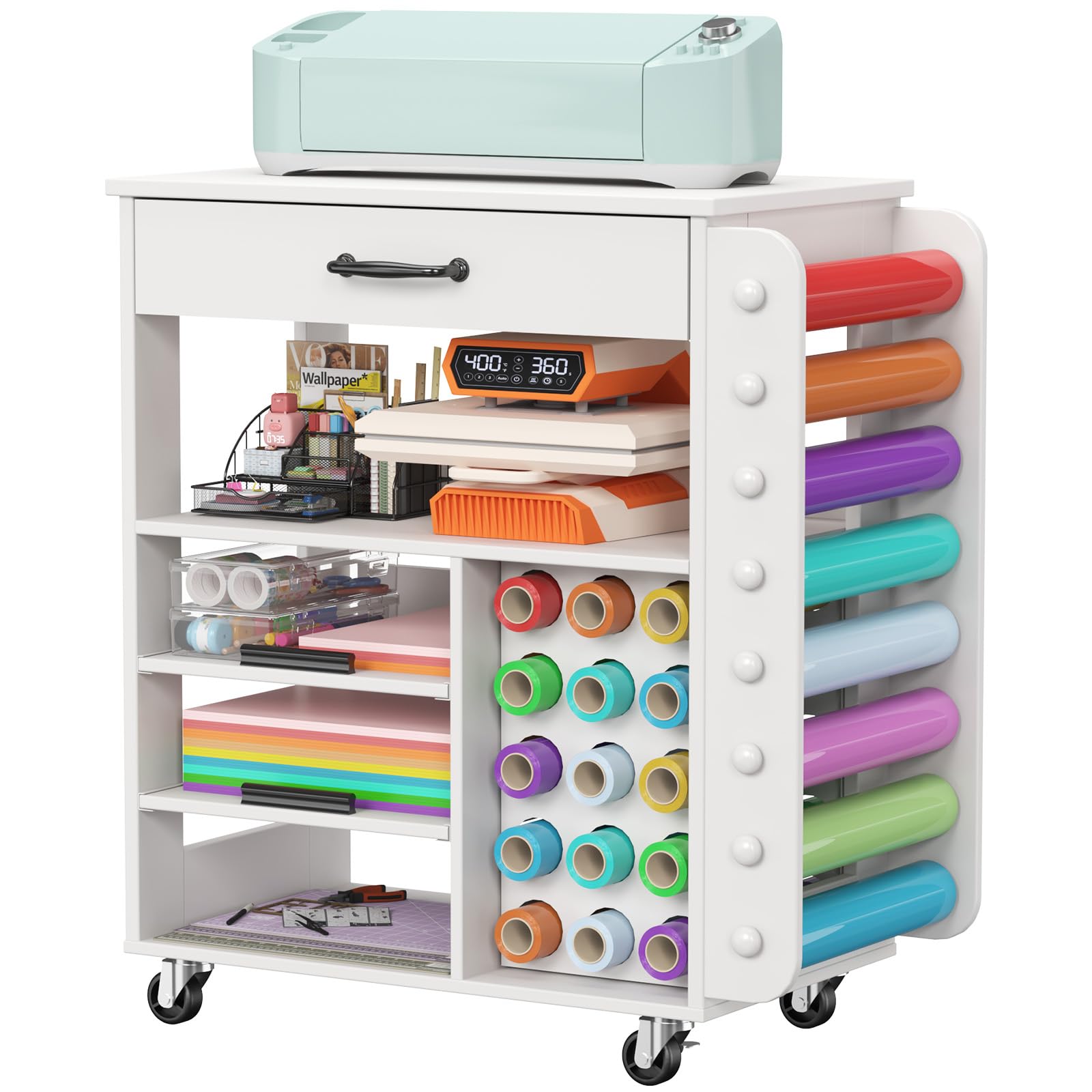 Lifewit Rolling Craft Cart with Pull-Out Tray & Drawer - 23 Vinyl Roll Holders Storage Organizer for Cricut Machines | Perfect for Craft Room, Home Office & DIY Projects | Mobile Craft Station for Scrapbooking, Vinyl Cutting & Art Supplies Organization