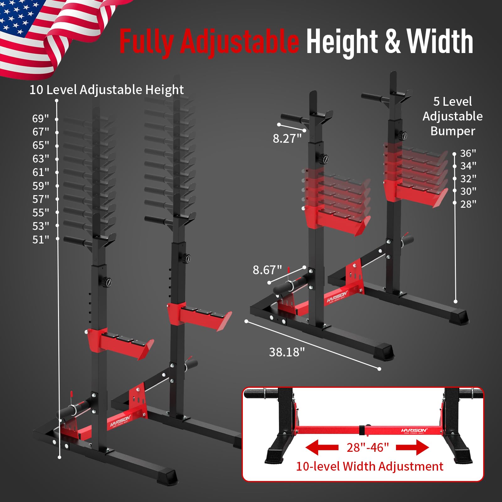 HARISON Heavy Duty Squat Rack & Power Cage - Adjustable Bench Press Rack for Home Gym, Multi-functional Weight Lifting Equipment with Barbell Storage | Perfect for Strength Training, CrossFit & Home Workouts