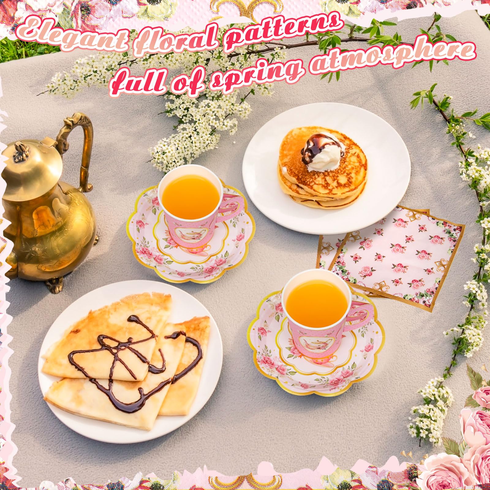 Vesici 150-Piece Tea Party Decorations Set - 9 oz Disposable Paper Cups with Handles, Plates, Saucers & Napkins - Elegant Tea Party Supplies for Bridal Showers, Baby Showers & Birthday Parties (Includes Teapot Design)
