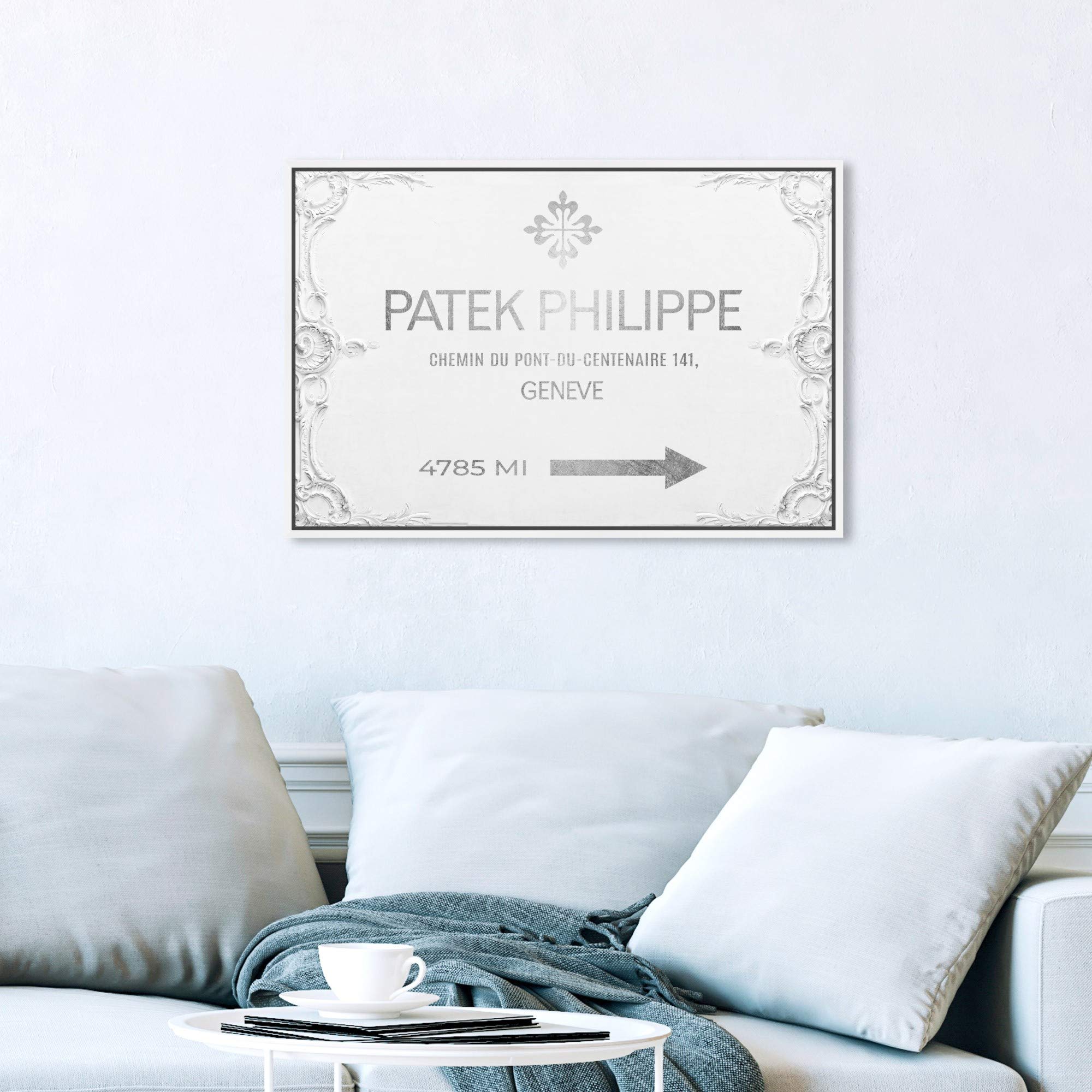 Oliver Gal Artist Co. Fashion & Glam Wall Art - Framed Canvas Print 'Geneva Watches' Road Signs Decor (24x16 Inches) Gray & White - Perfect for Living Room, Bedroom & Office Décor