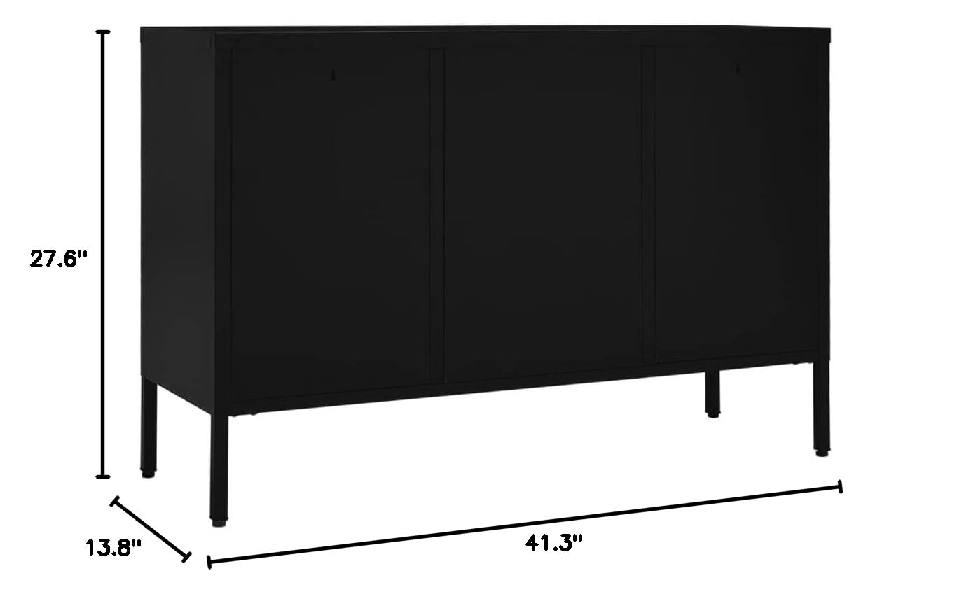 FAMIROSA Modern Black Steel Sideboard Cabinet with 3 Drawers & 2 Adjustable Shelves - 41.3